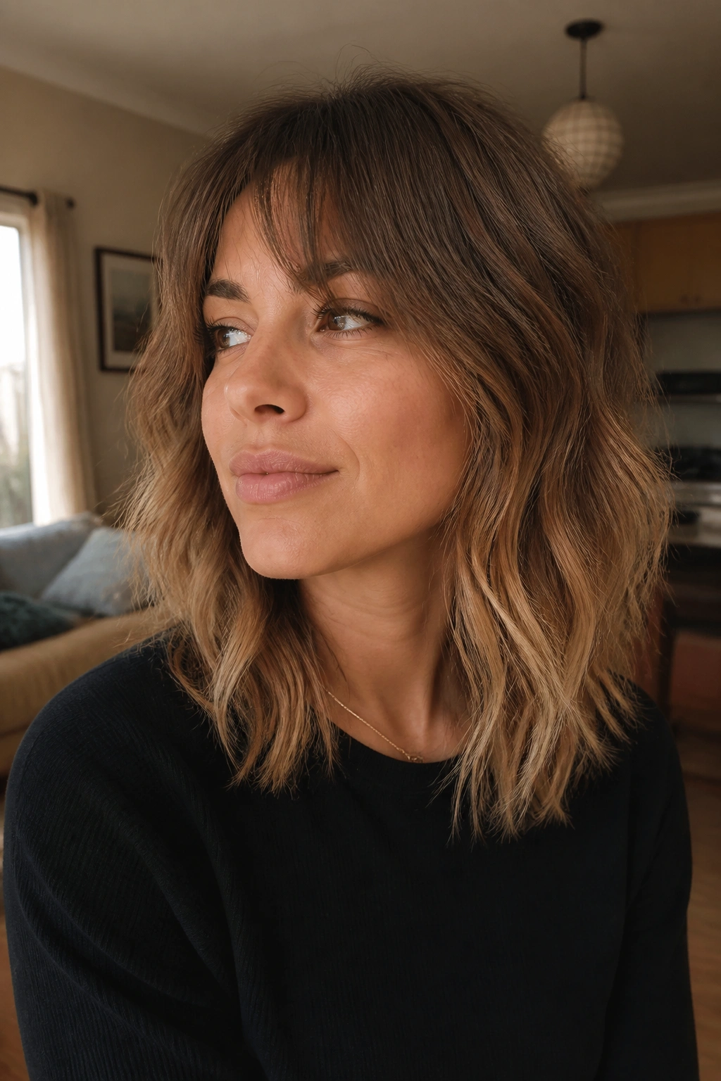 Real woman with soft shag and light ends in cozy living room light