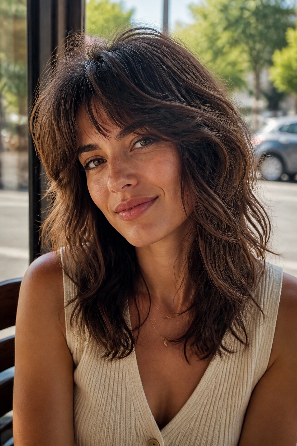 Portrait of a woman with a soft shag haircut and feathered ends in a cafe