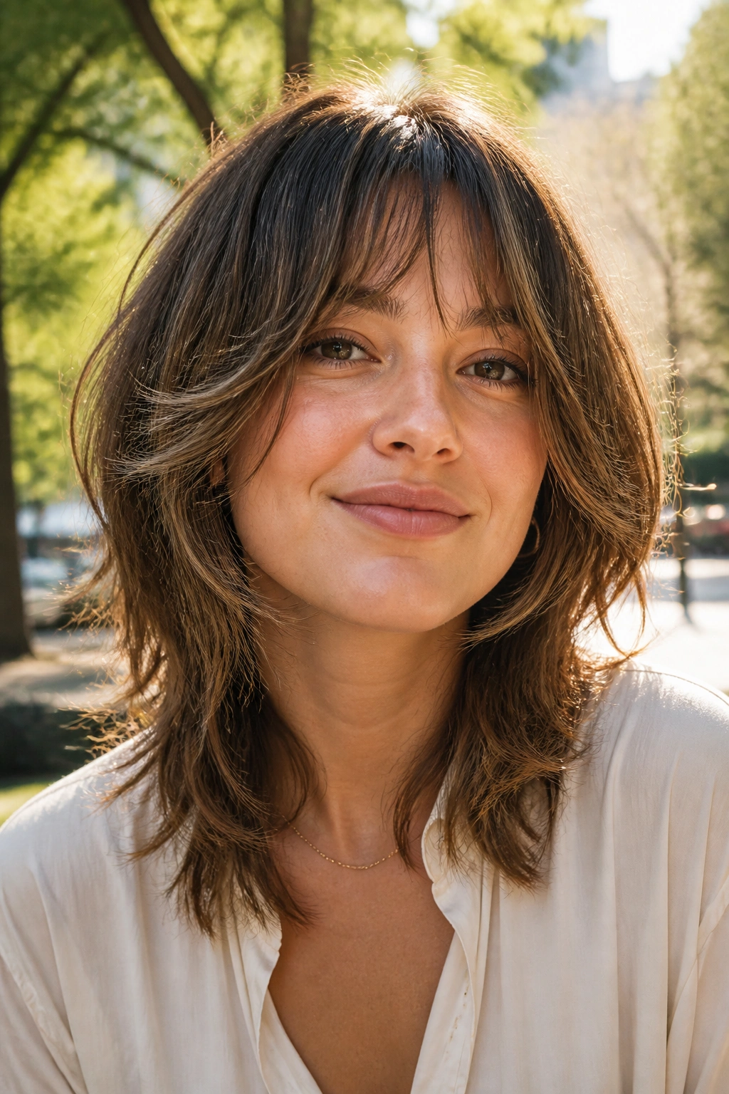 Portrait of a woman with soft shag and face-framing fringe in a sunlit park.