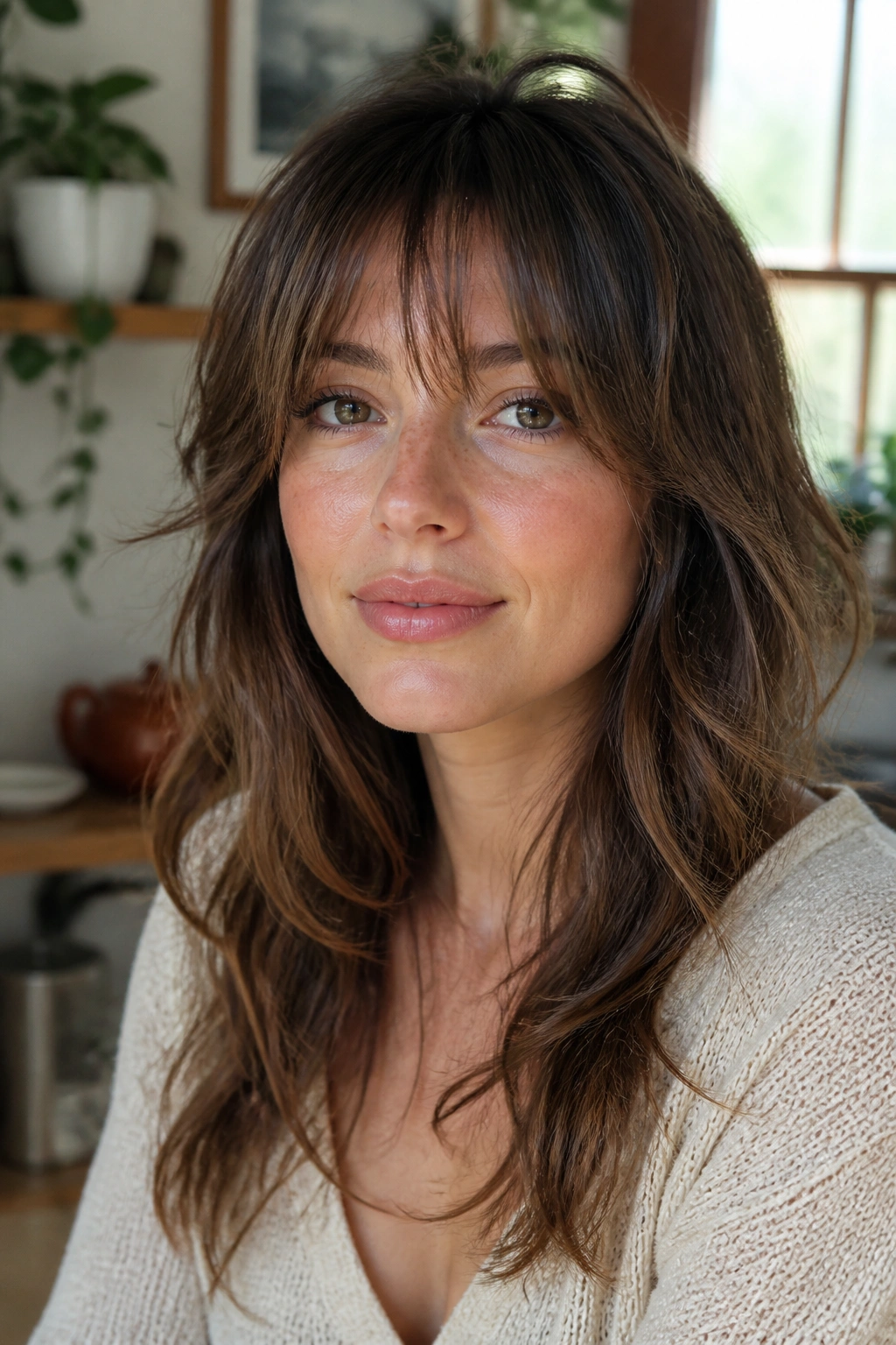 Close-up portrait of a woman with soft shag fringe and layered sides