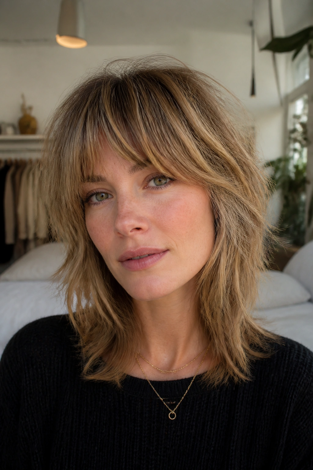 Close-up of a real woman with a soft shag and blending French fringe