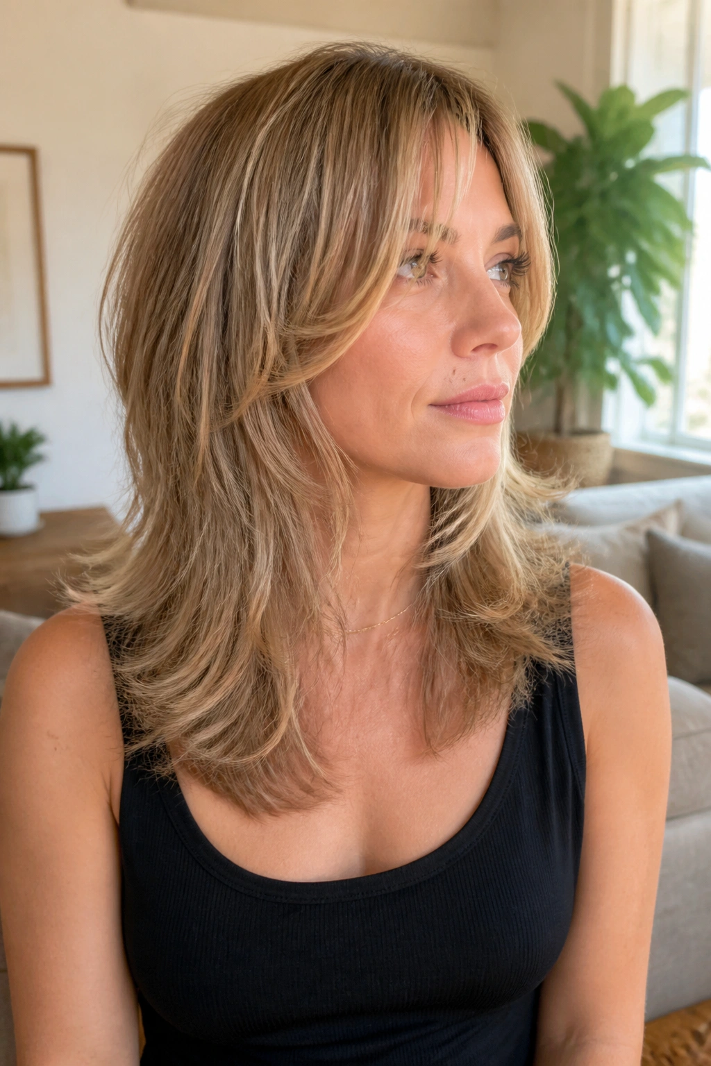 Real woman with soft shag and front layers hairstyle