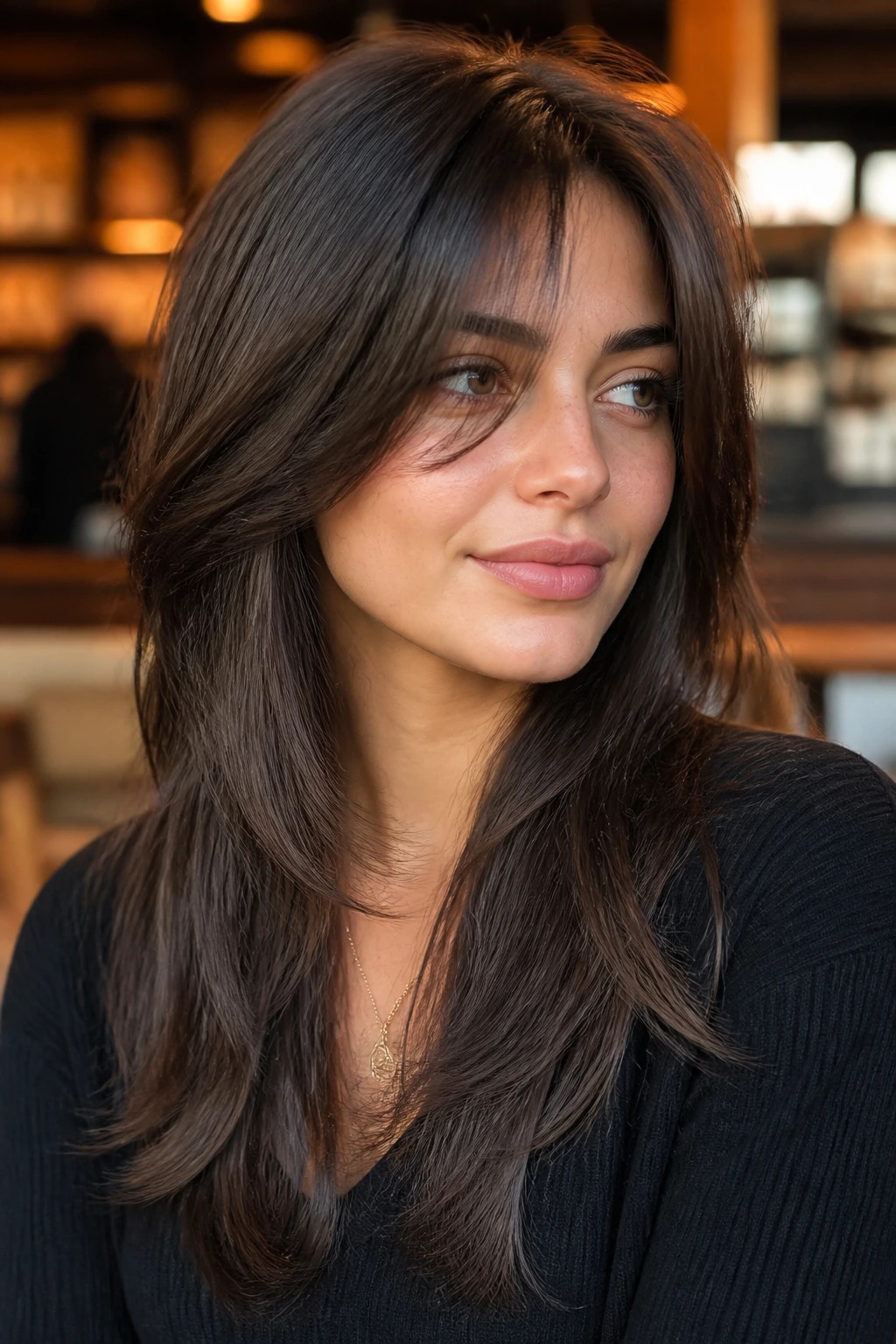 Close-up of a real person with a soft shag and long sleek layers.