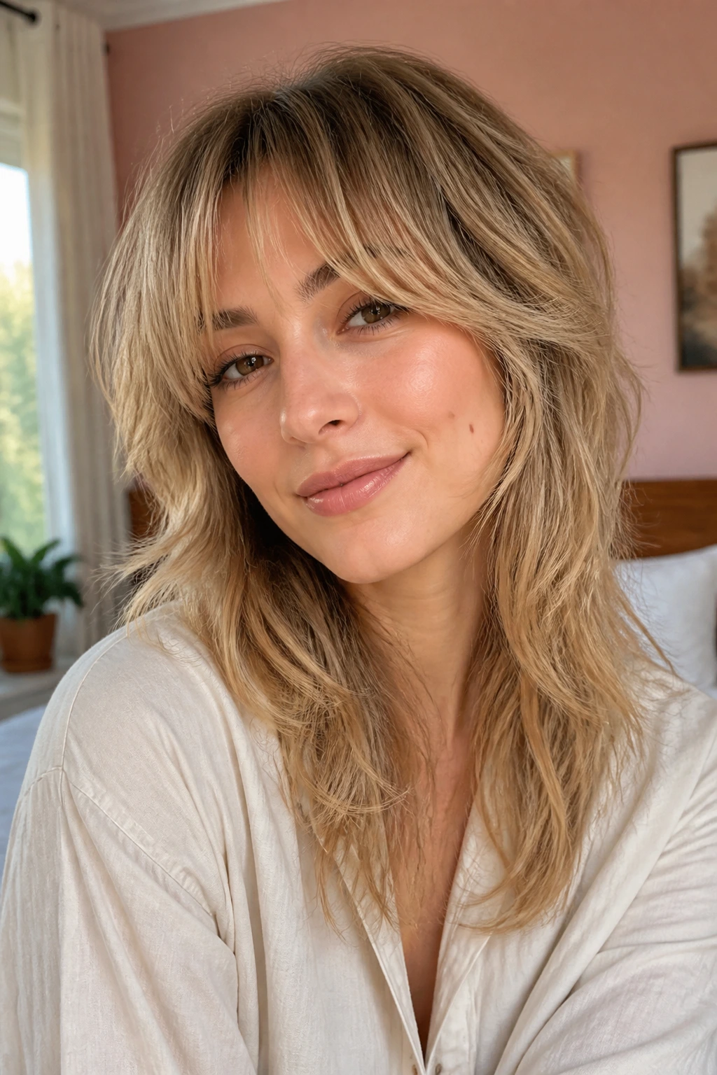 Close-up portrait of a real woman with a soft shag haircut featuring face-framing pieces