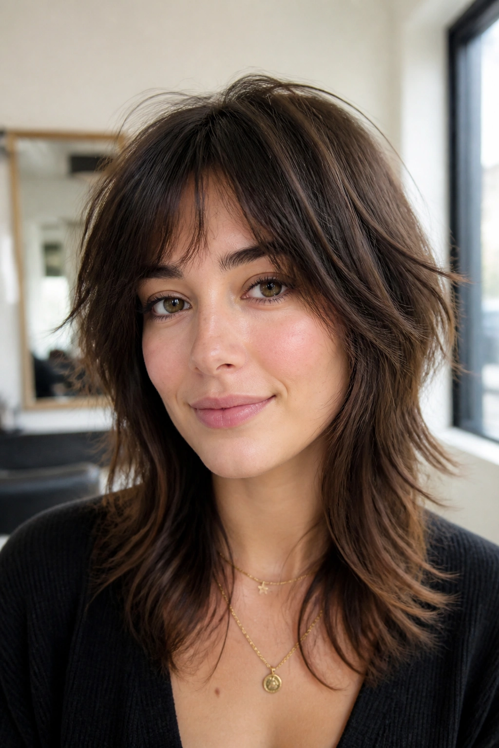 Close-up portrait of a woman with soft shag and invisible layers under natural light.