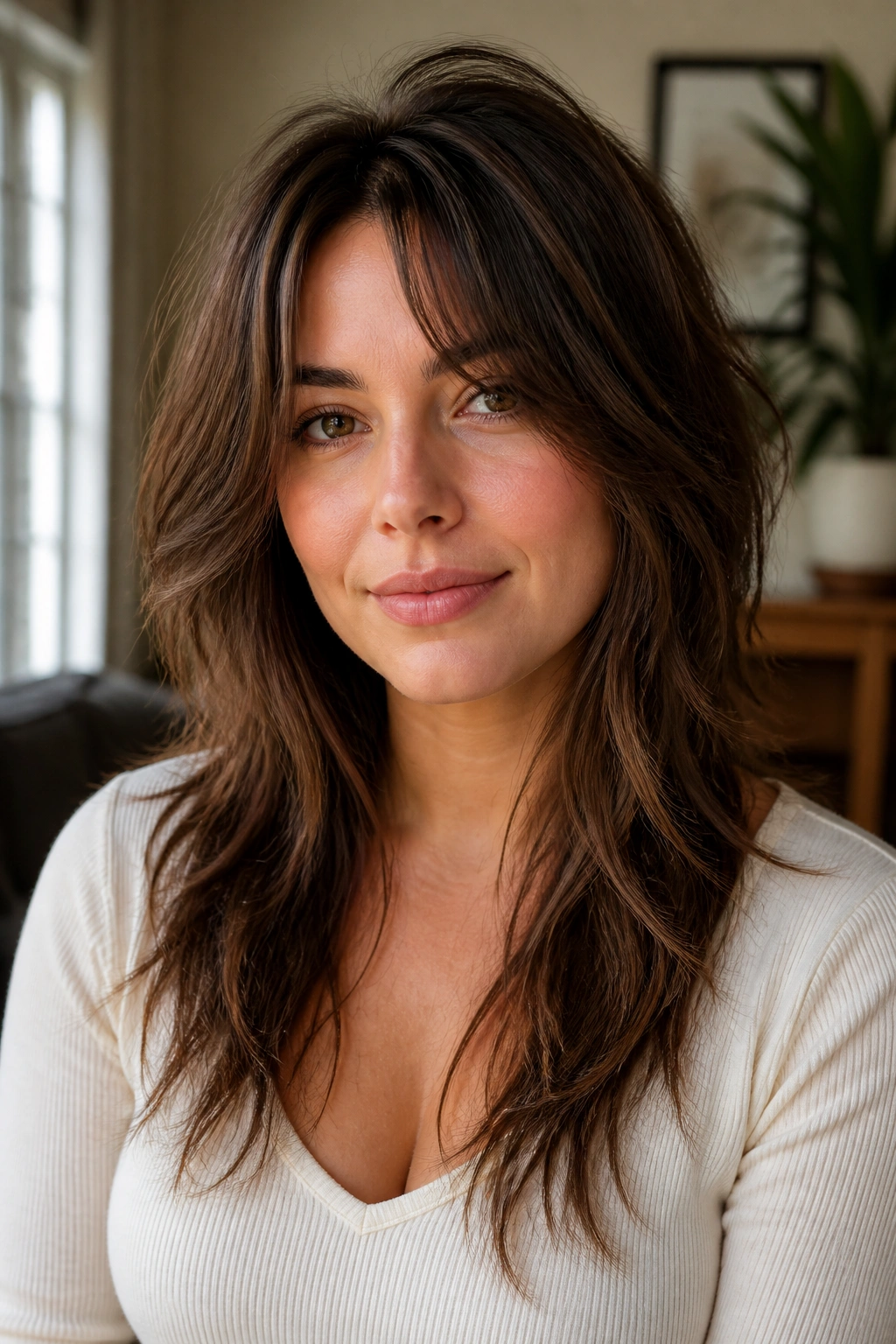 Close-up of a real woman with soft shag layers that elongate the face