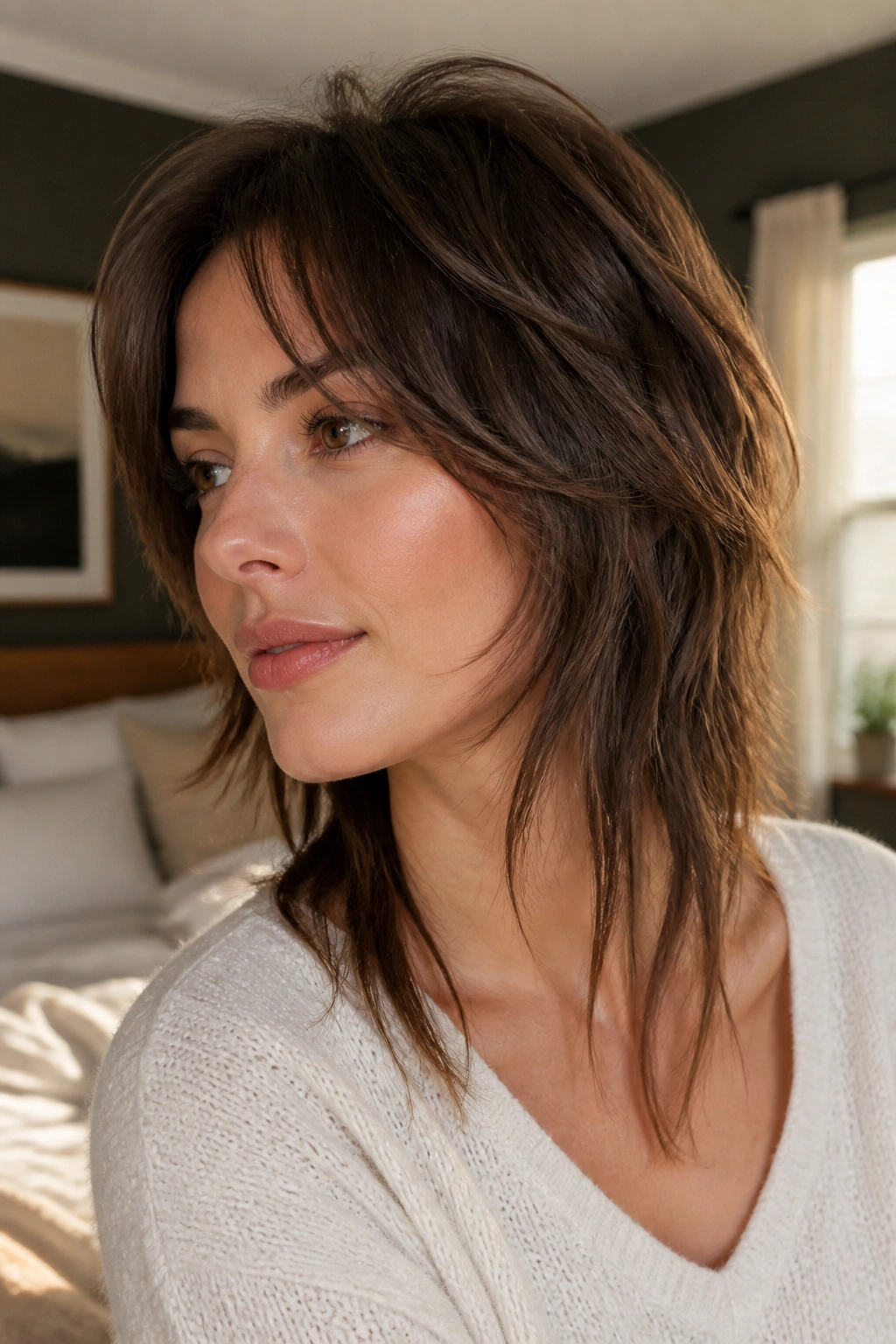Close-up of a real woman with soft shag lob and long nape pieces under warm window light