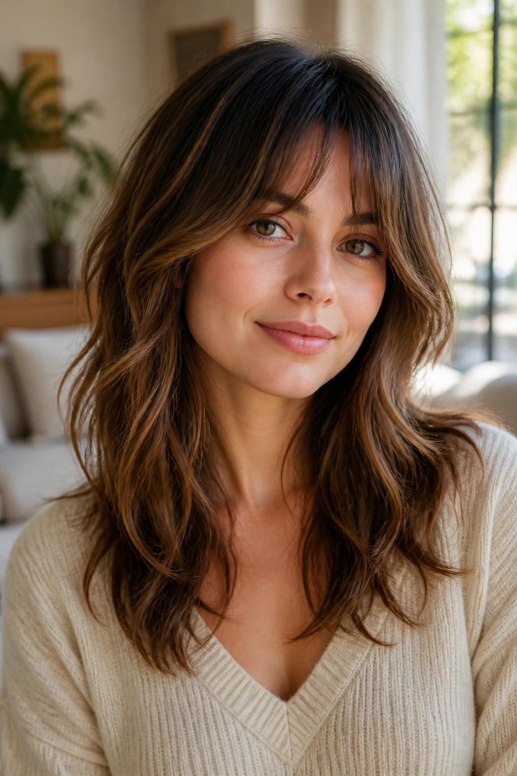 Portrait of a woman with a soft shag and long fringe showing movement and texture