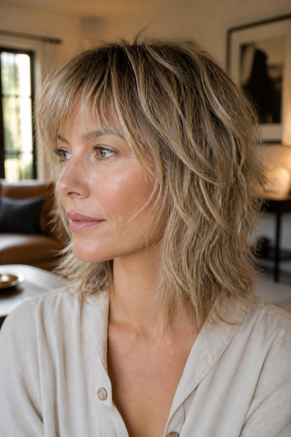 Close-up of a real person wearing a soft shag hairstyle with loose ends