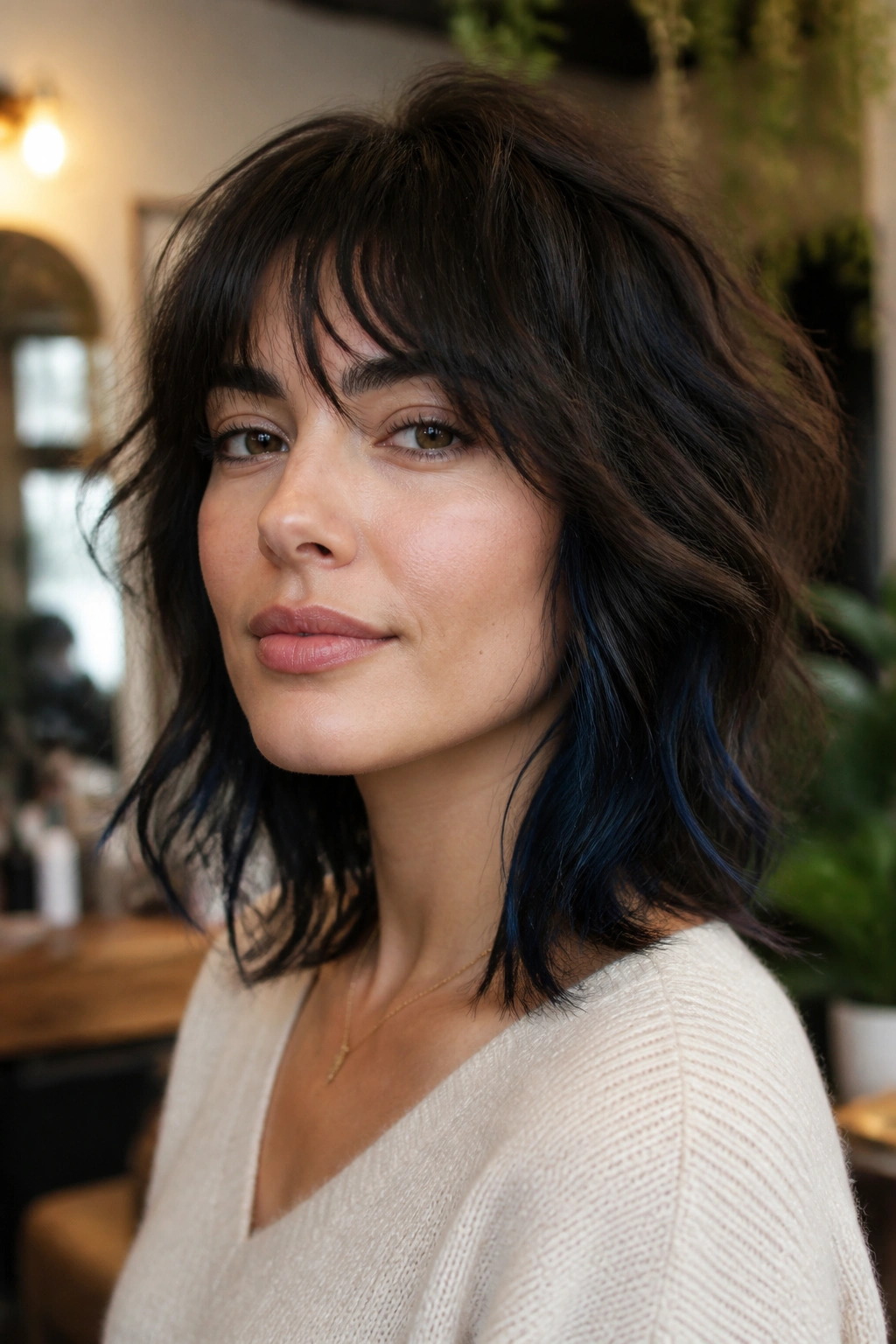 Close-up of a real woman with soft shag and midnight blue ribbons