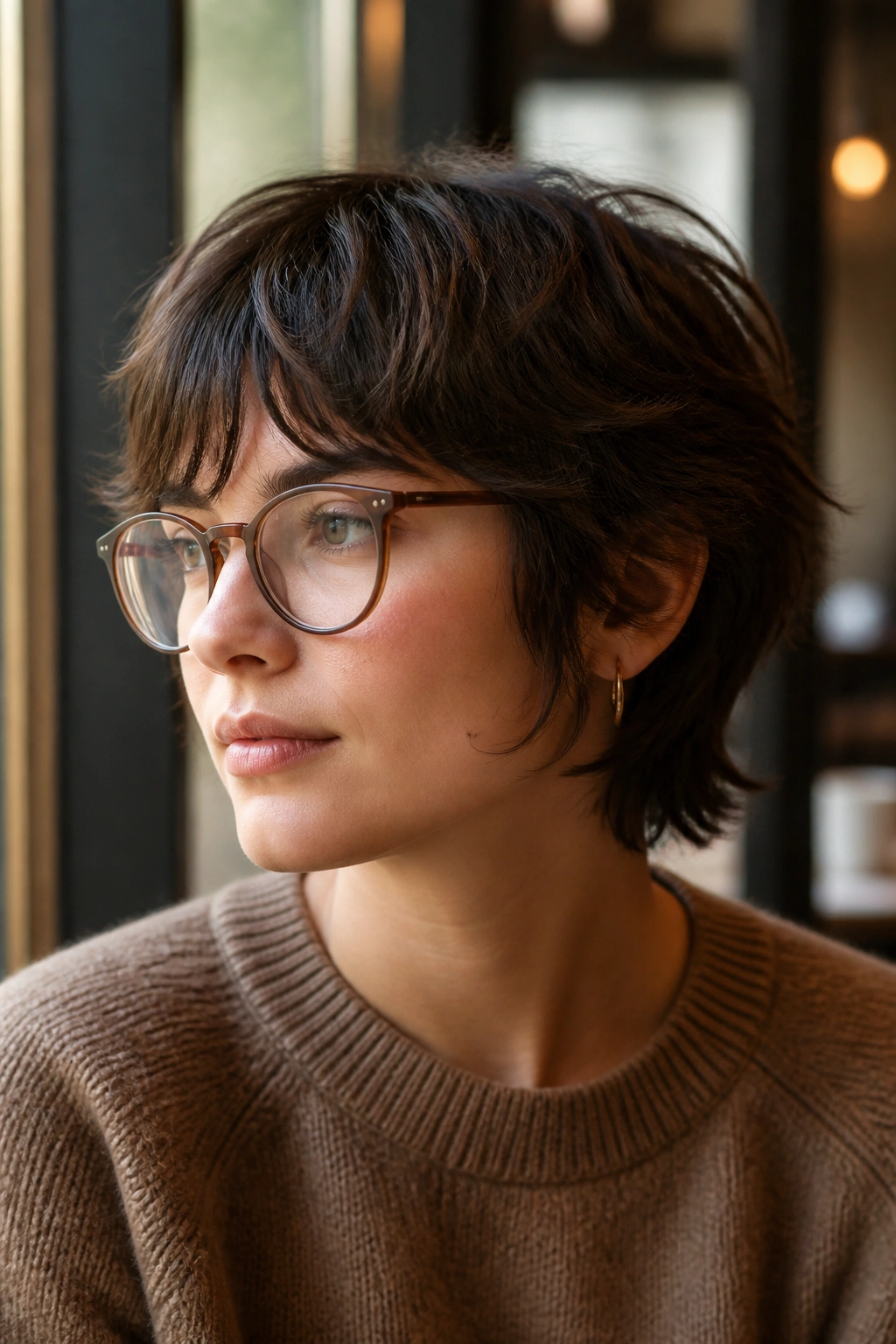 Close-up portrait of a real person with a soft shag that hugs the neck