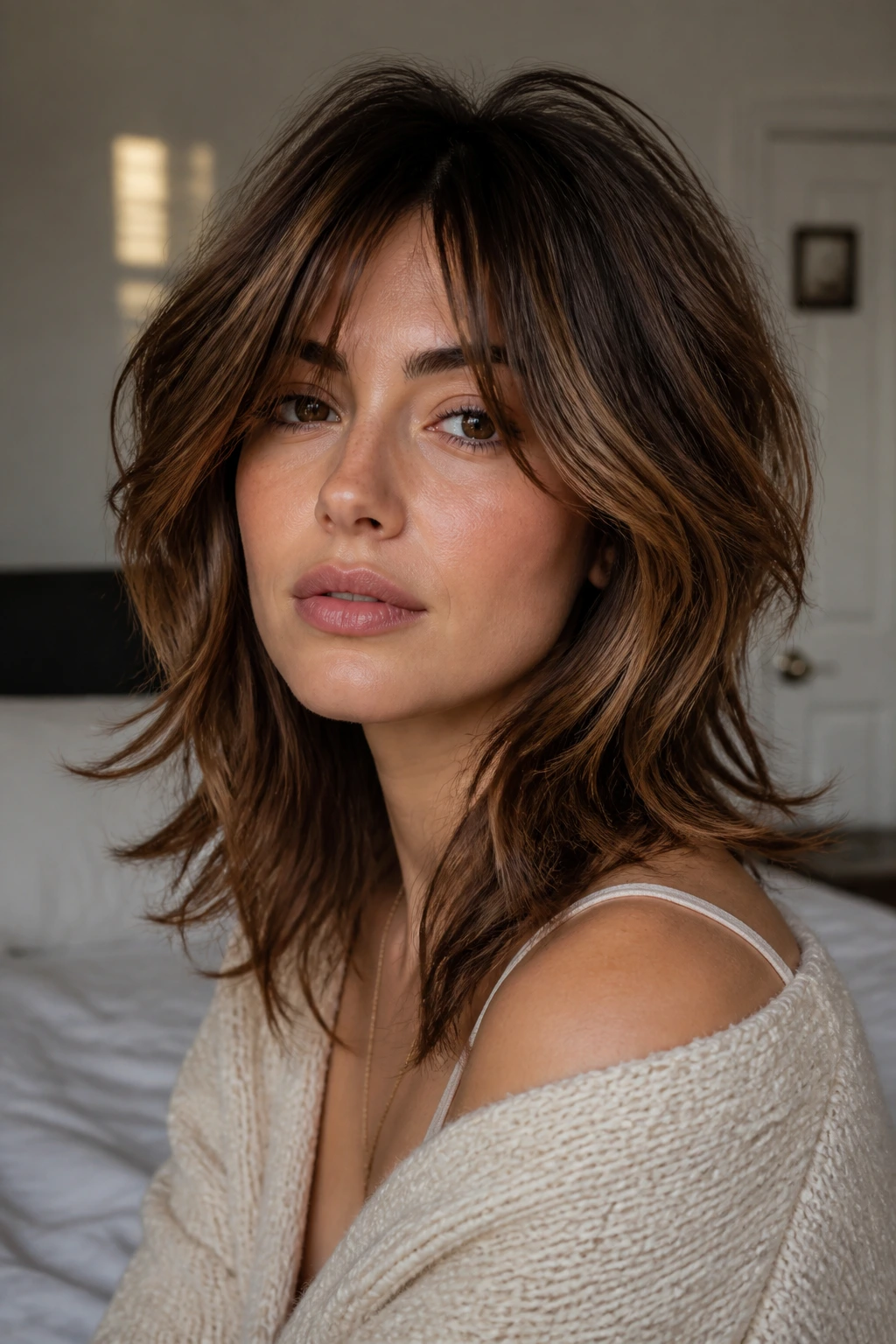 Close-up of a real woman with a soft shag hairstyle featuring cheek-length layers and crown lift.