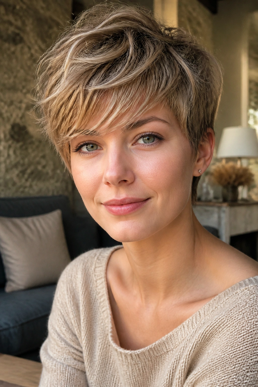 Close-up portrait of a real woman with a soft shaggy pixie and airy crown texture