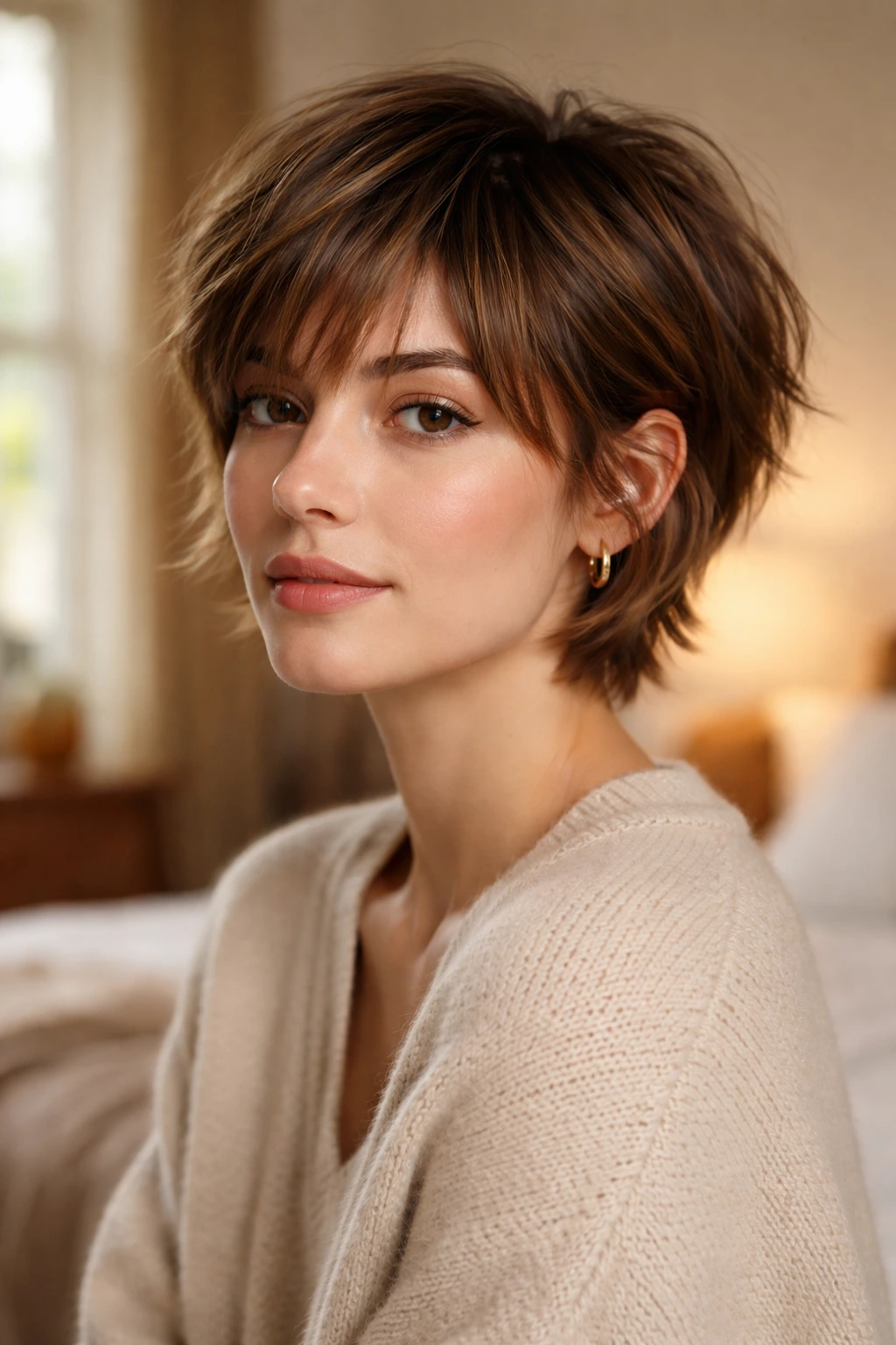 Close-up portrait of a real woman with soft shag pixie and curtain bangs.