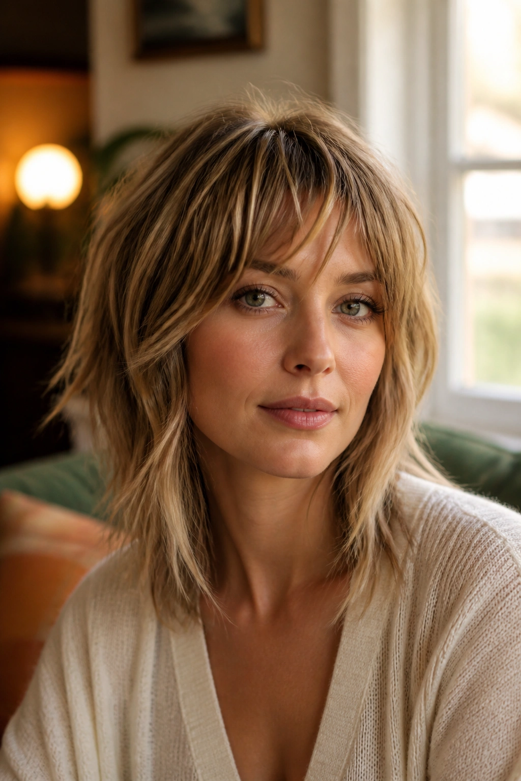 Close-up of a real woman wearing a soft shag with feathered layers.