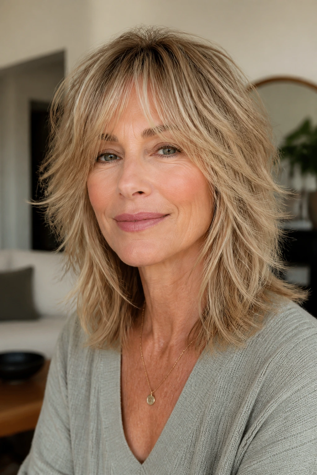 Close-up of a woman with soft shag hairstyle in an airy living room