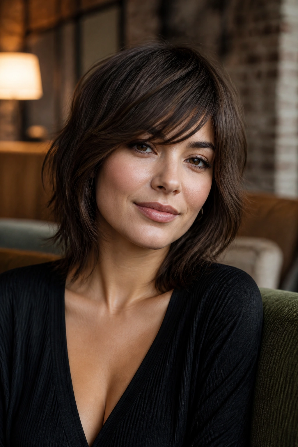 Close-up of a real woman with a soft shag and side fringe.