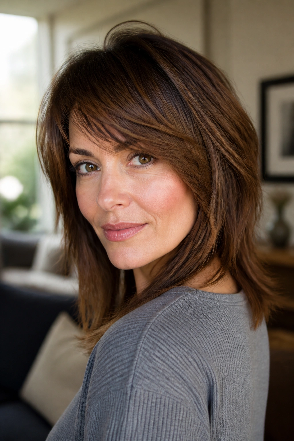 Close-up of a real woman with a soft shag and side layers.