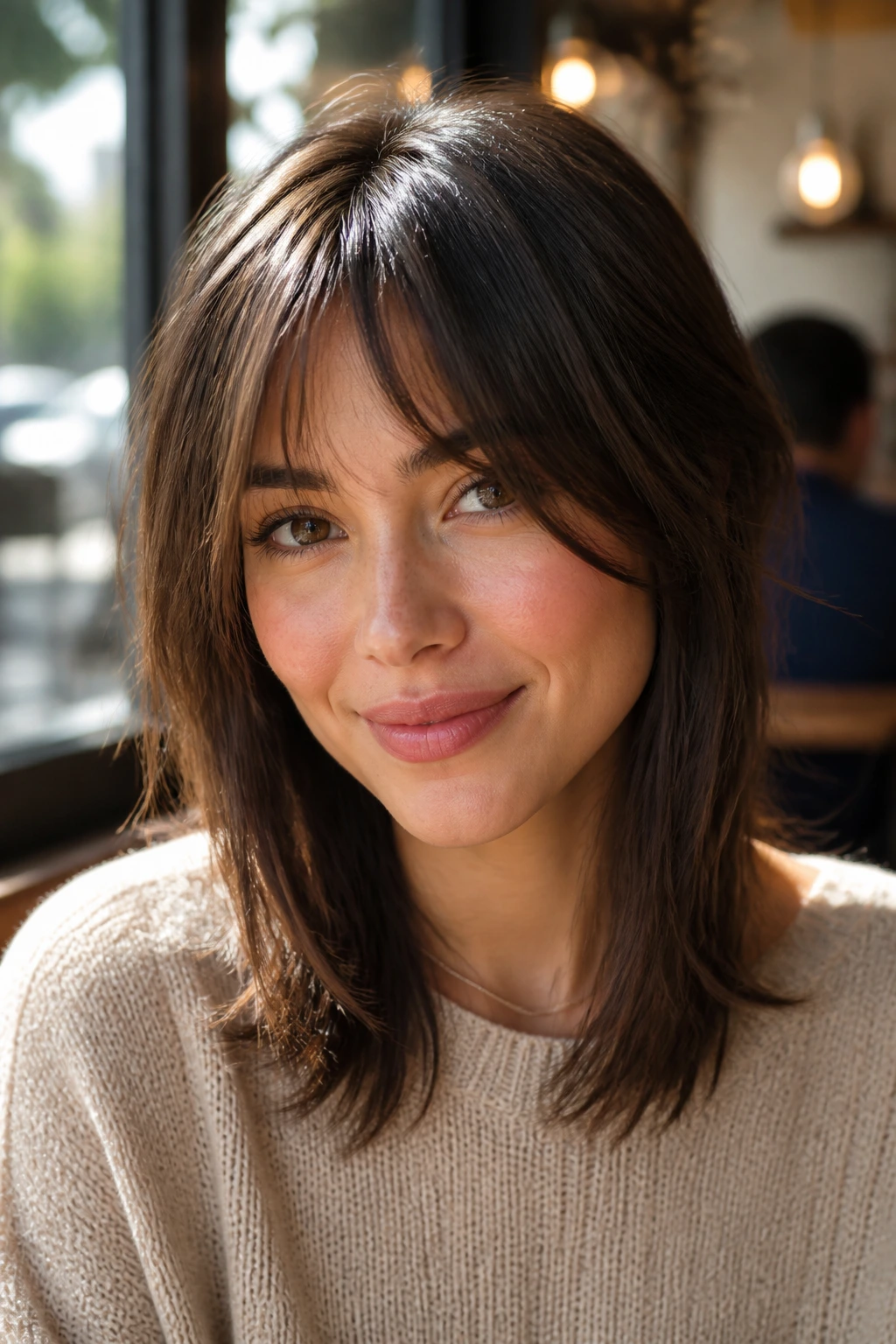 Real woman with soft shag hairstyle on straight hair, ends wispy, in a sunlit cafe.
