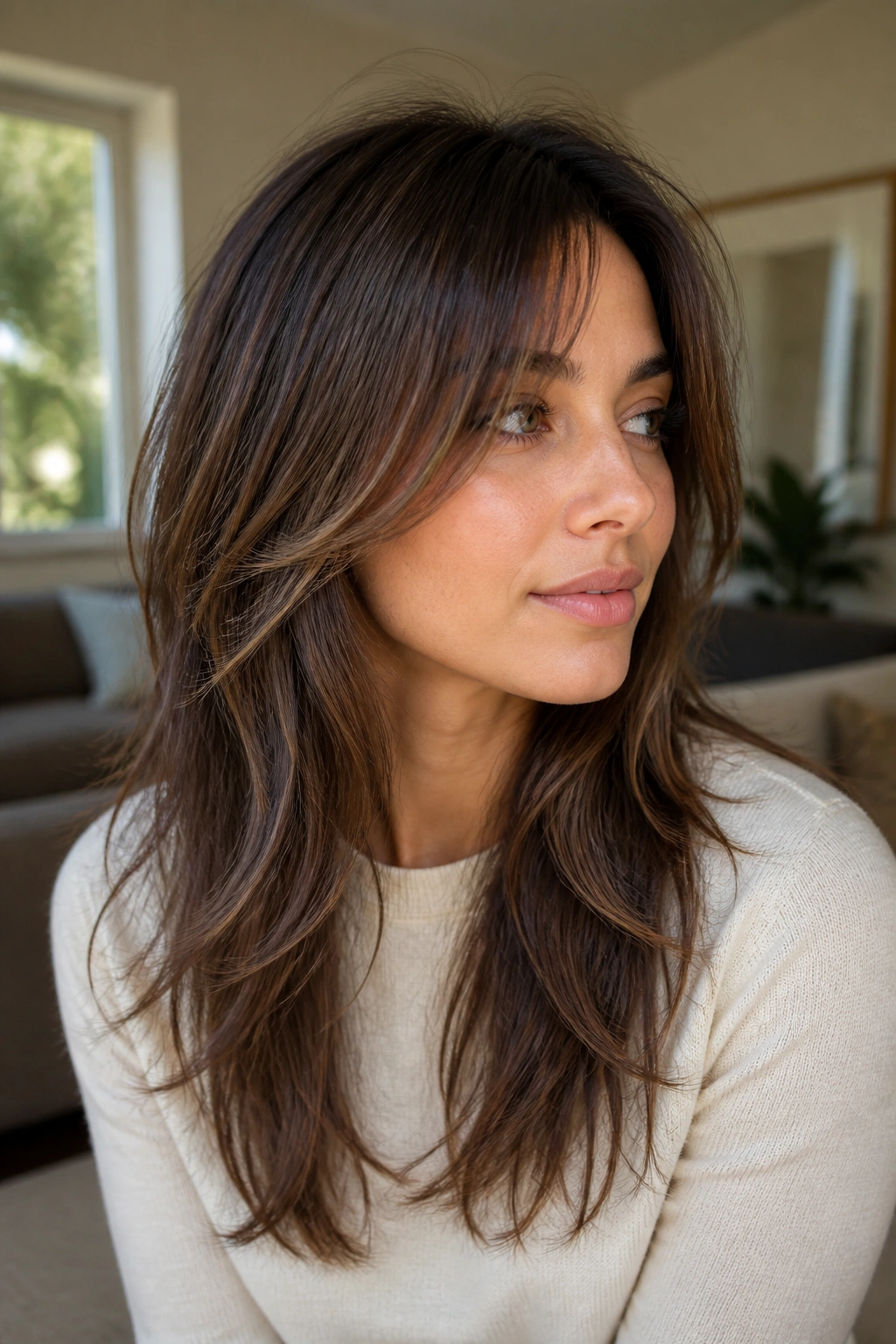Portrait of a woman with a soft shag on straight hair in a cozy living room.
