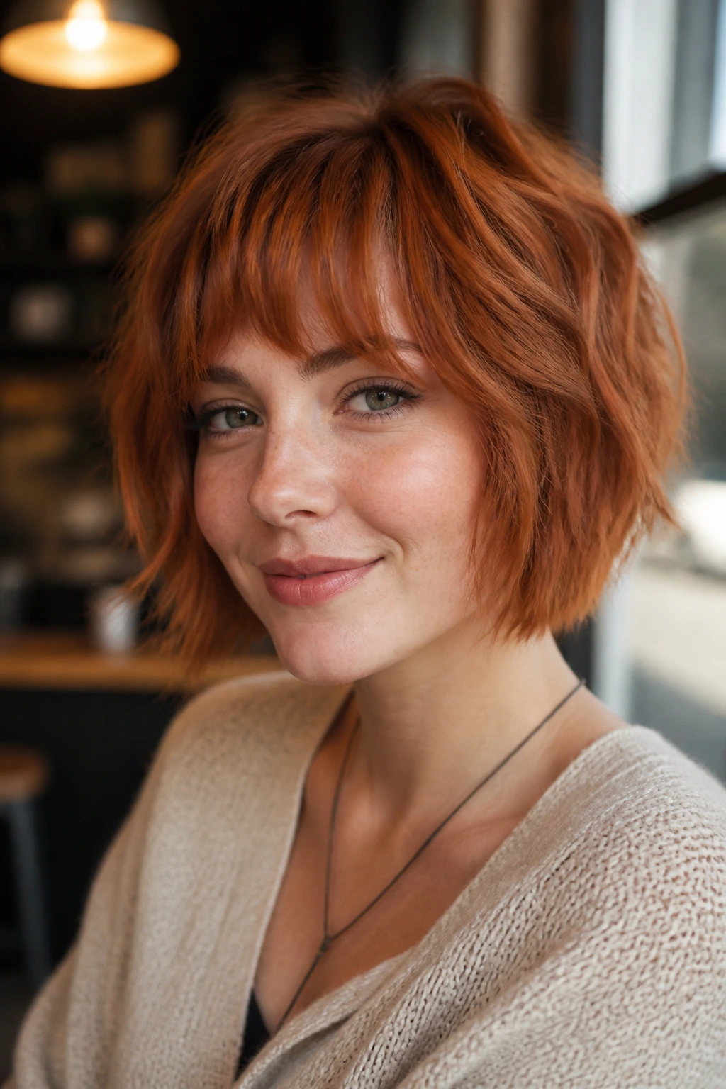 Portrait of a woman with softly shagged strawberry bob and choppy fringe.
