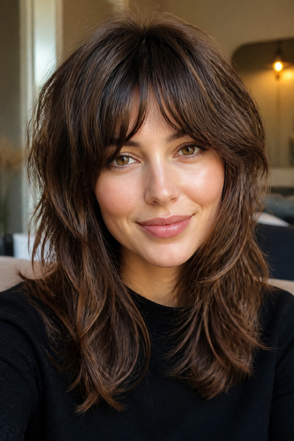 Close-up portrait of a real woman with soft shag hairstyle