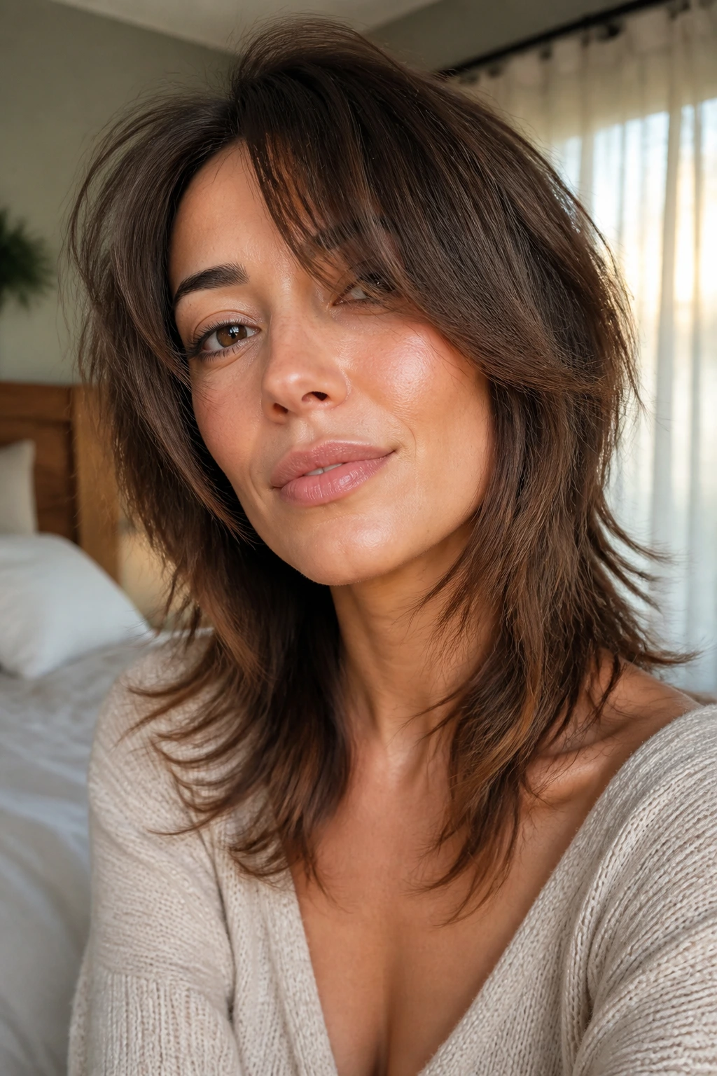 Portrait of woman with soft shag and piecey texture in morning light