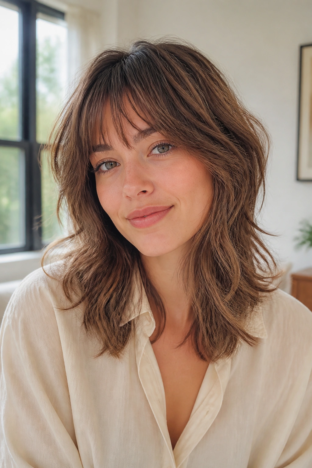 Real woman with soft shag hairstyle and wispy ends