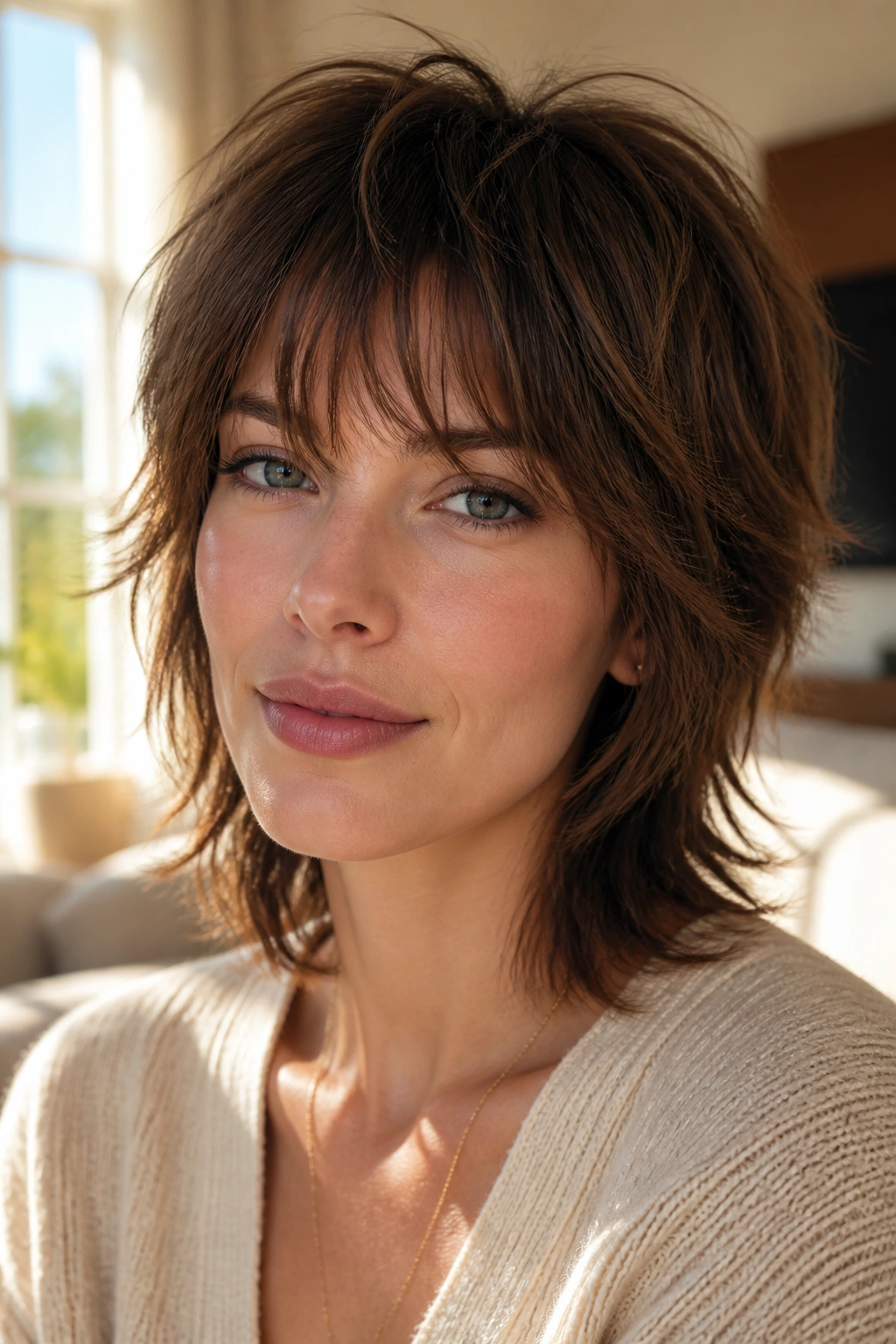 Close-up portrait of a real woman with a soft shag and wispy fringe in warm window light