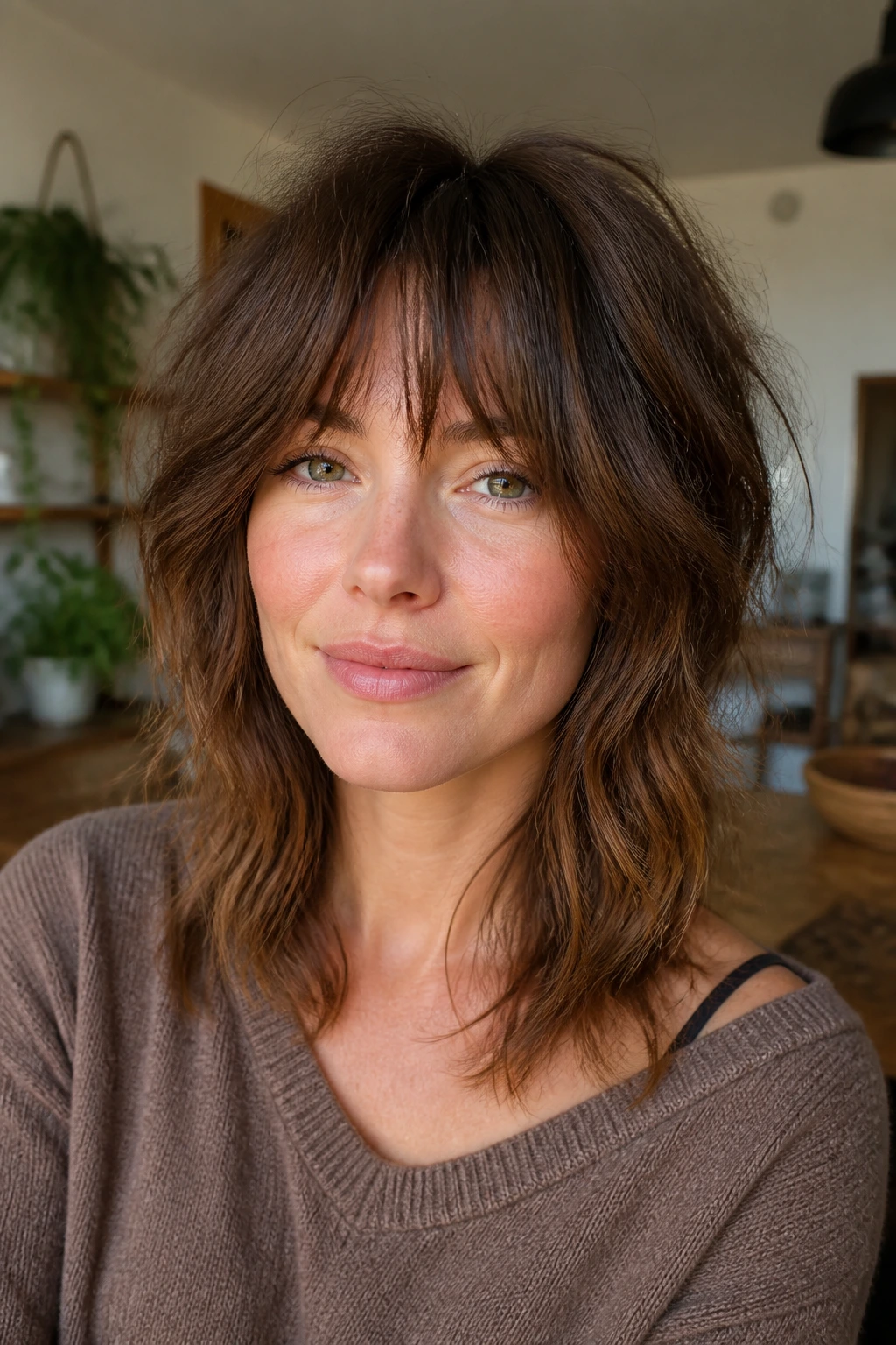 Close-up of a real woman with a soft shag and wispy fringe
