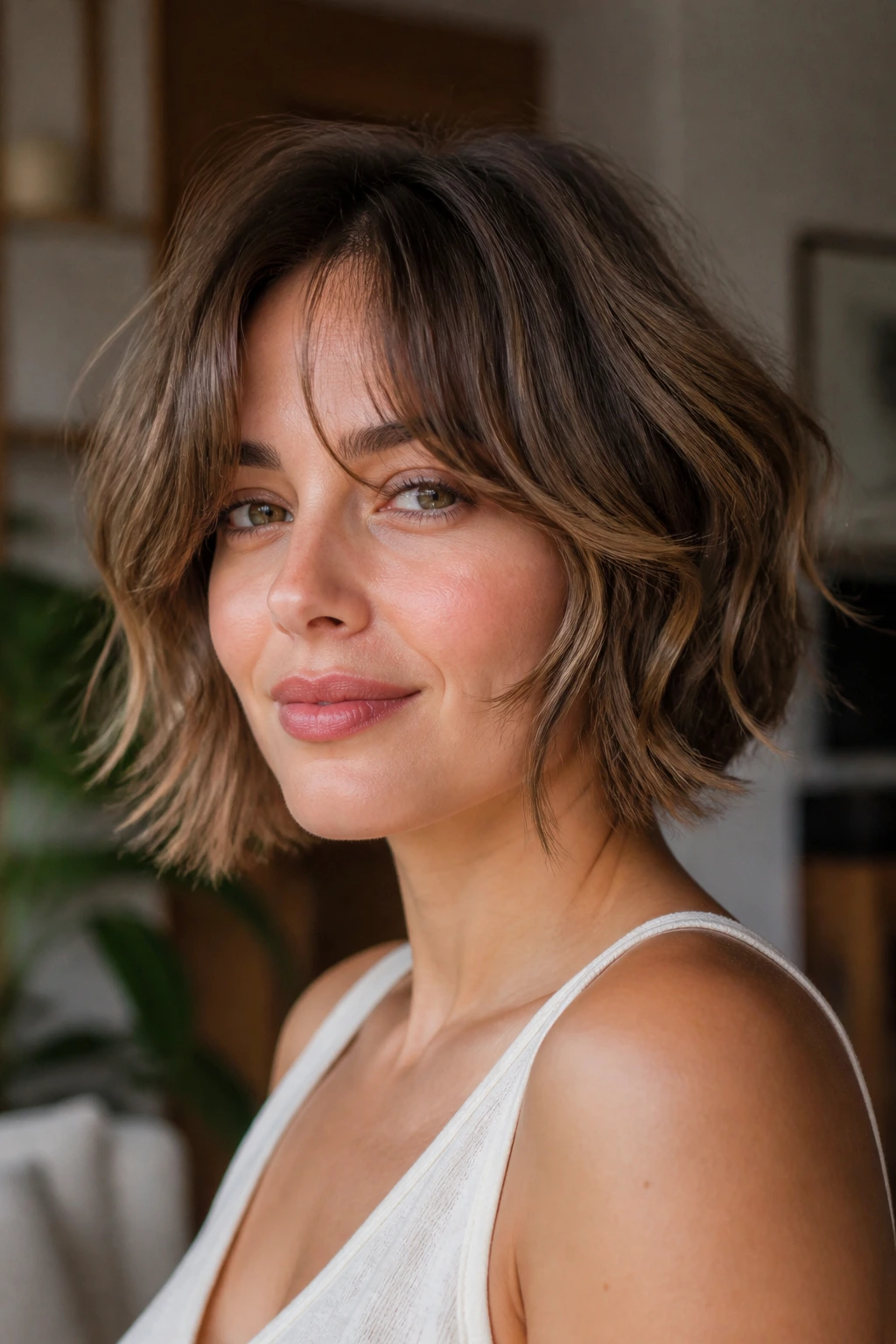 Close-up of a real woman with a soft shaggy bob and curtain bangs in a sunlit living room