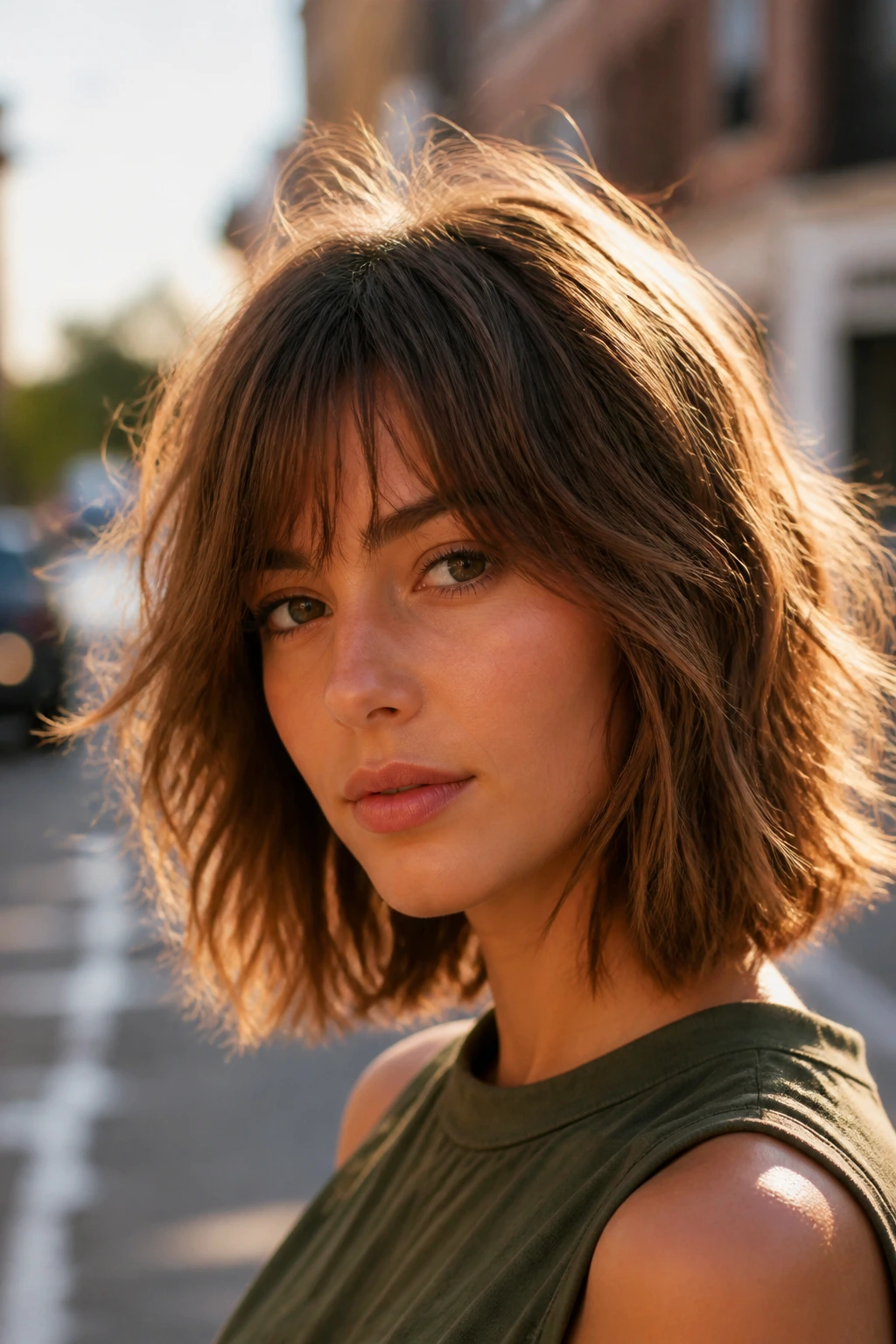 Close-up of a person with a soft shaggy long bob and textured ends.