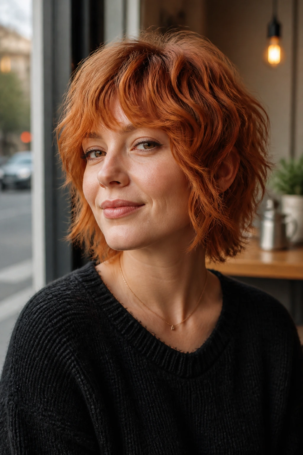 Close-up portrait of a real woman with soft short shag and face-framing layers