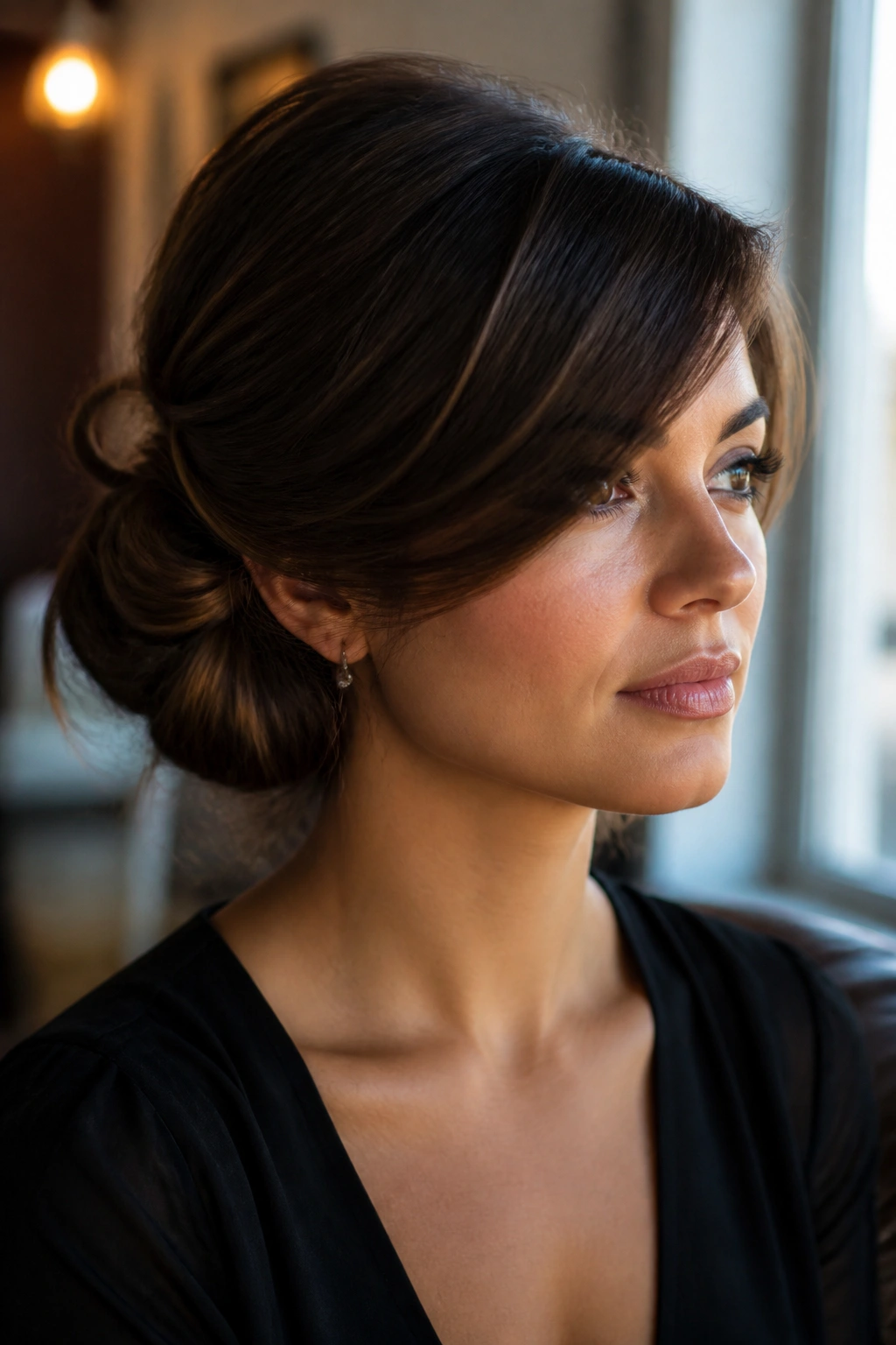 Close-up of a real woman with a deep fringe and soft side chignon at the nape