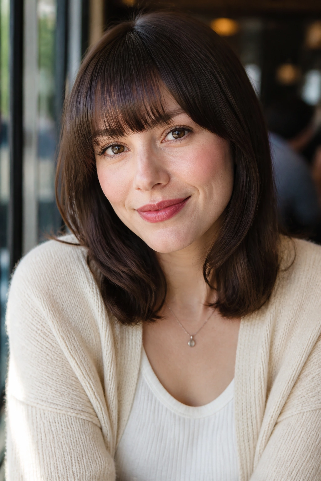 Real woman with straight bangs and soft side corners in daylight