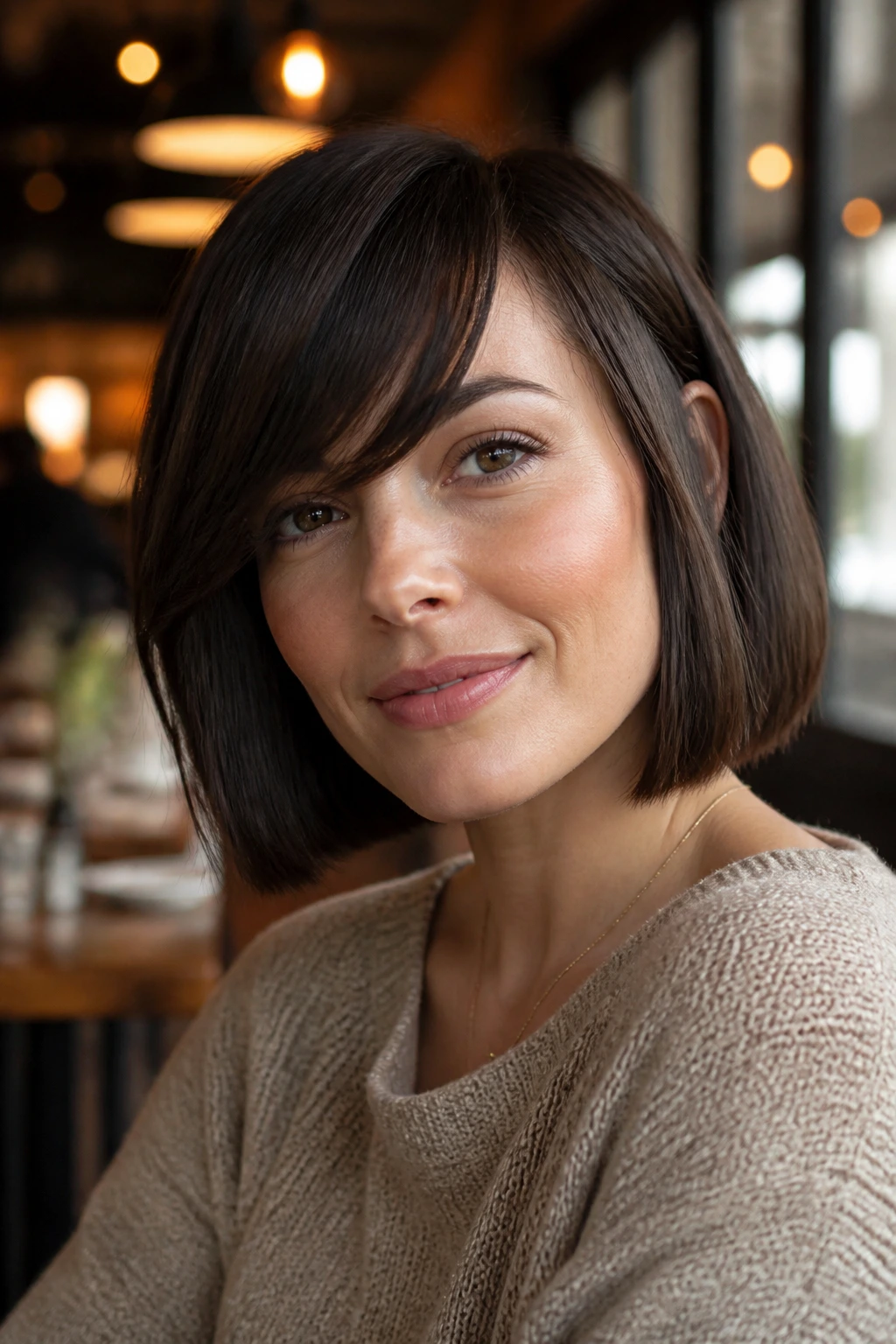 Close-up of real woman with soft side fringe and blunt bob in cafe lighting