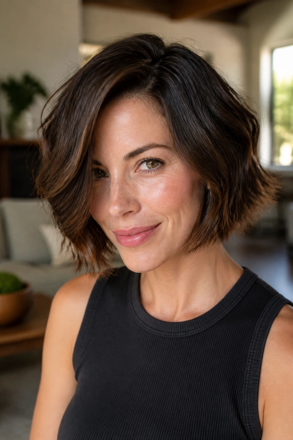 Close-up of a real woman with a soft side-part bob and face-framing sweep in warm living room light