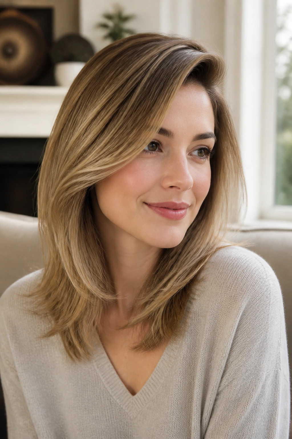 Shoulder-up portrait of a real woman with a soft side part and long layers.