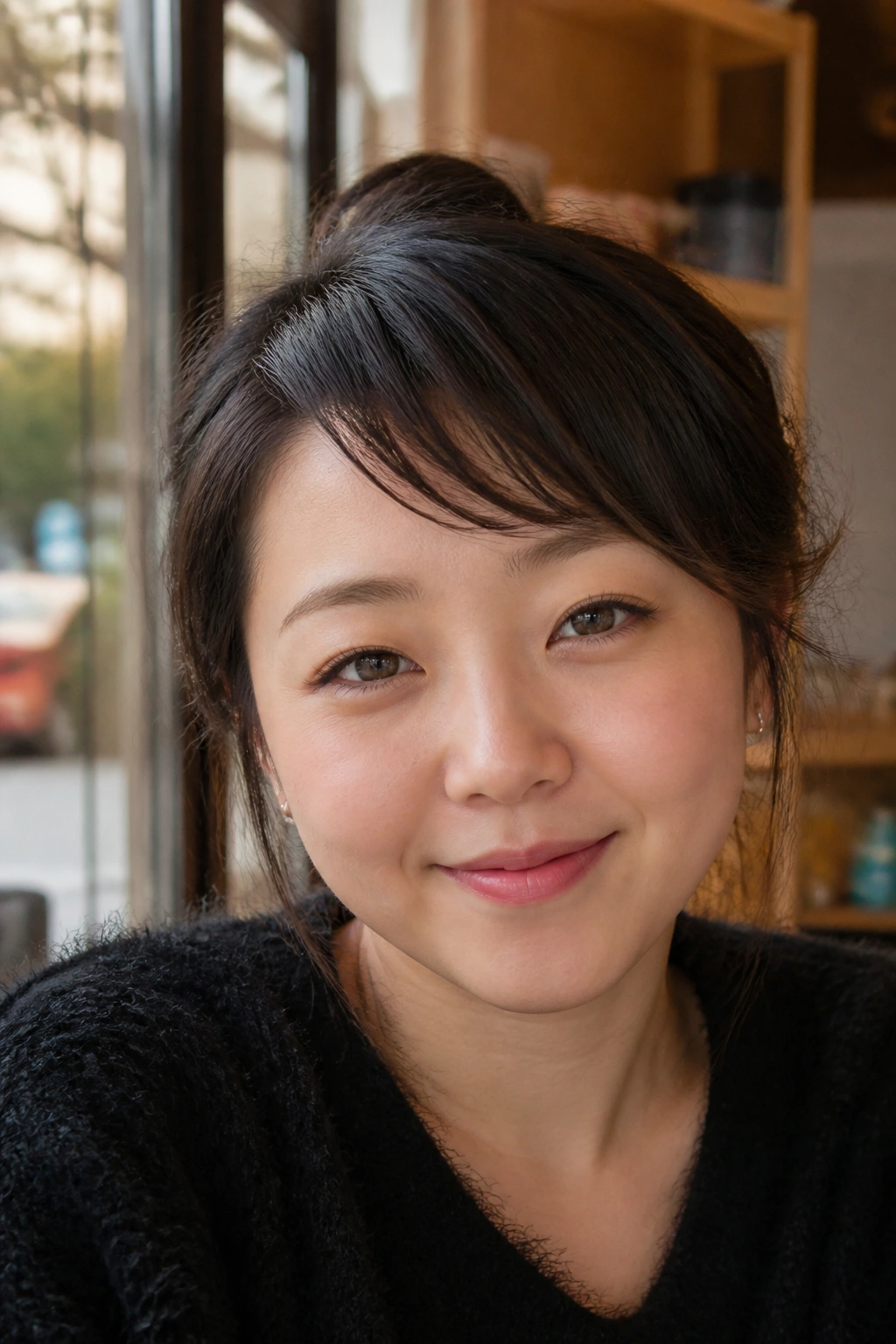 Close-up of a real woman with a soft side-swept arc fringe