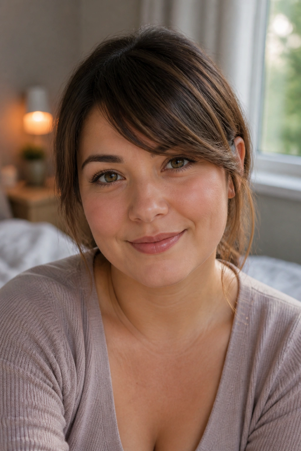 Close-up portrait of a real woman with soft side swept bangs across the forehead.
