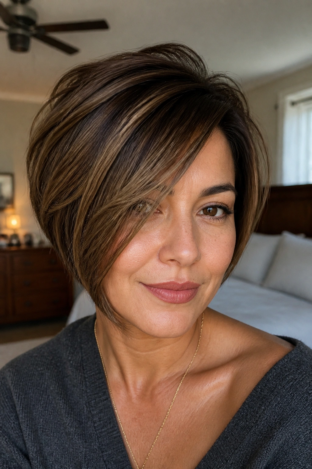 Close-up portrait of a real woman with a soft side-swept stacked inverted bob and feathered crown