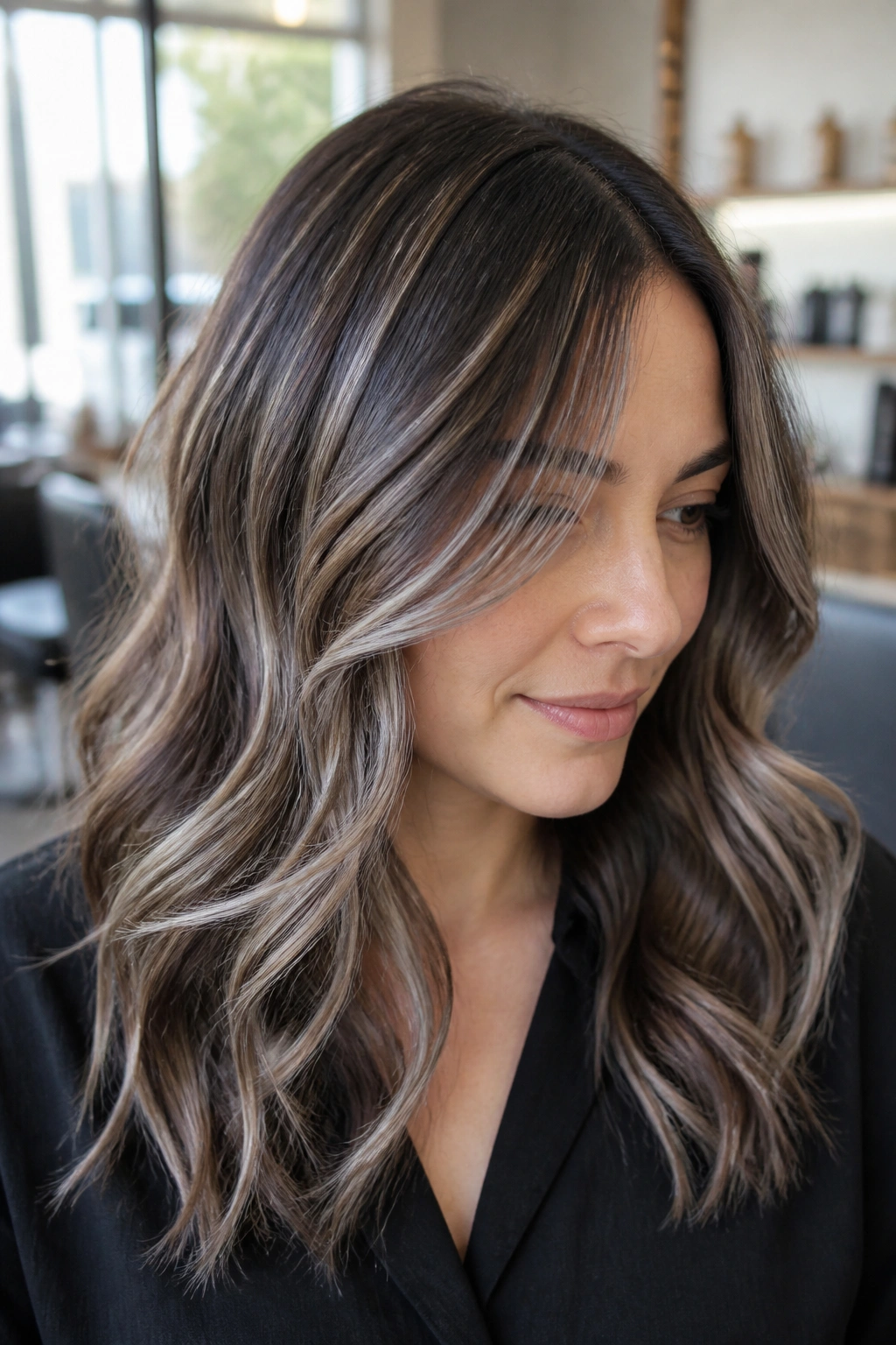 Close-up portrait of a real woman with medium brown hair featuring ultra-fine silver babylights framing the face