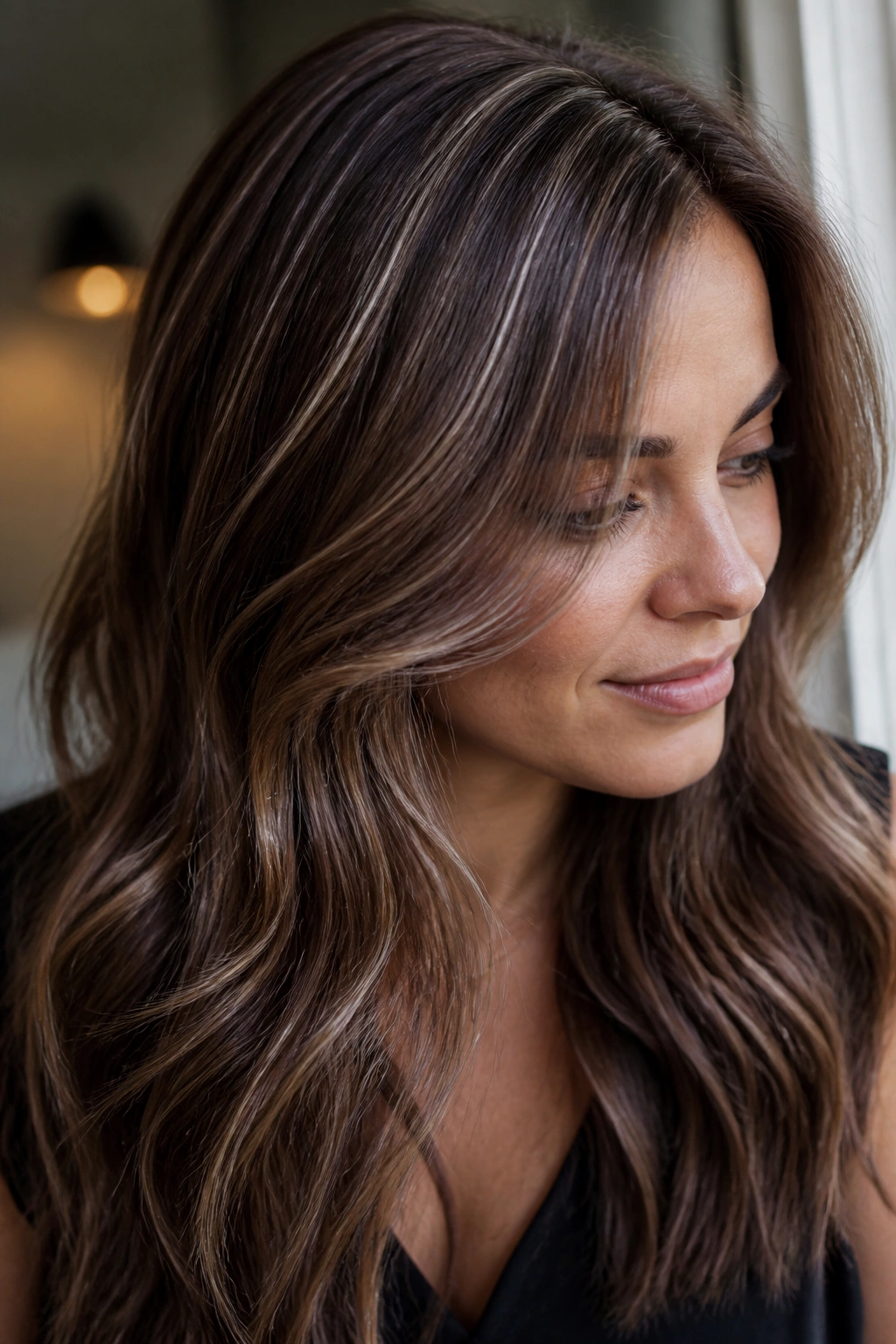 Portrait of chestnut brown hair with soft silver babylights