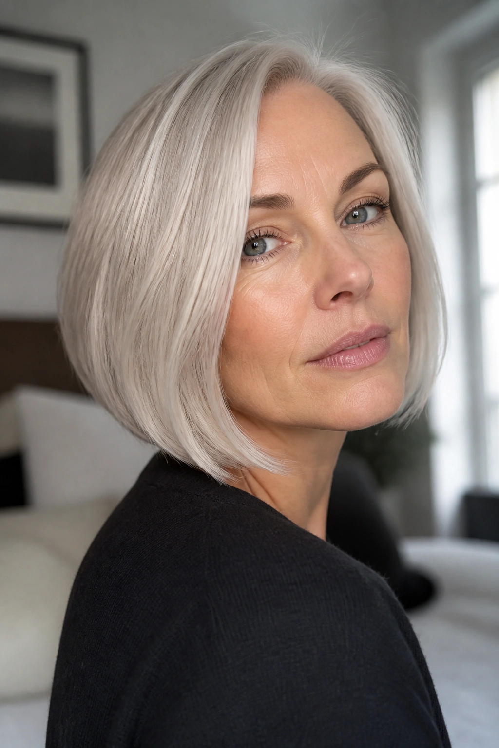 Close-up portrait of a real woman with a blunt silver bob by a window