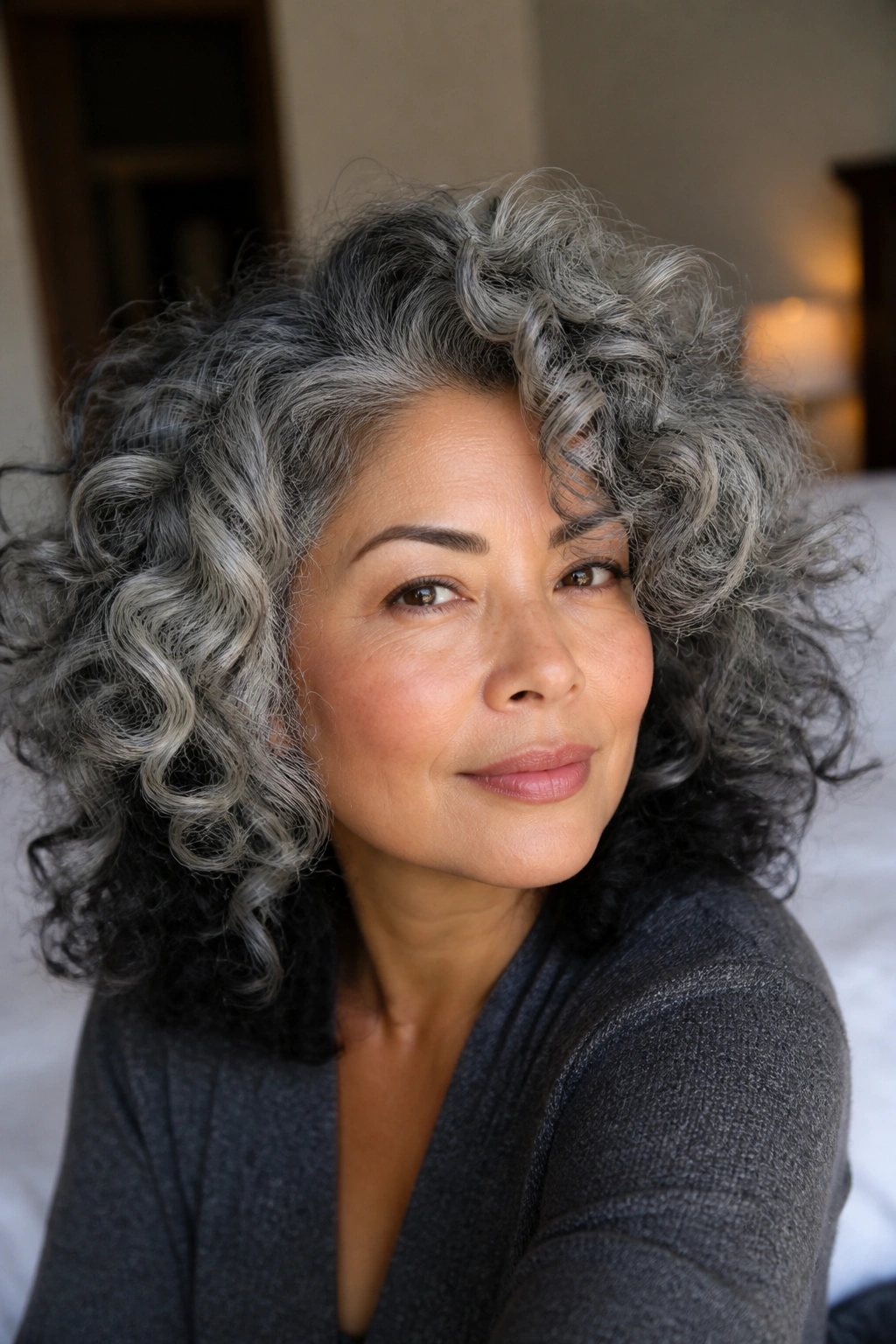 Close-up portrait of a real woman with soft silver curls and black depth, highlighting curled texture and color contrast