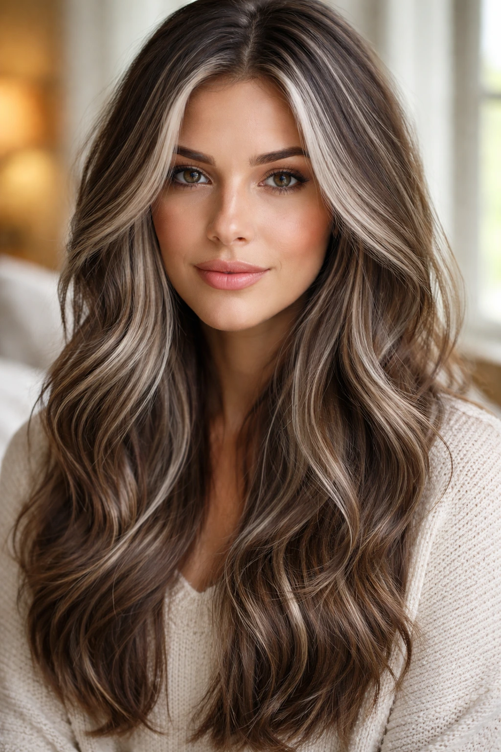 Close-up of a real woman with subtle silver highlights woven through brown hair
