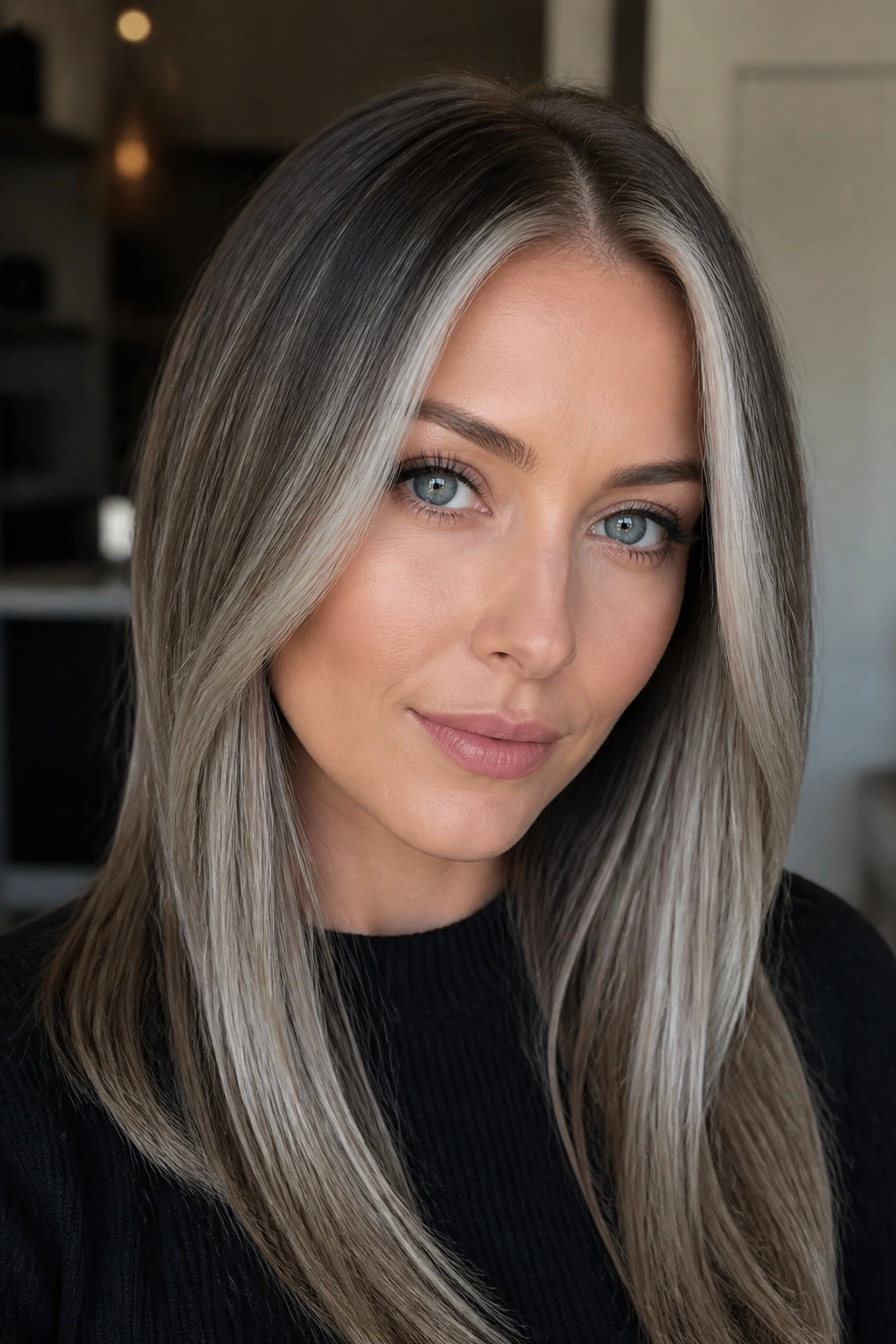 Close-up portrait of a real person with a soft silver face frame