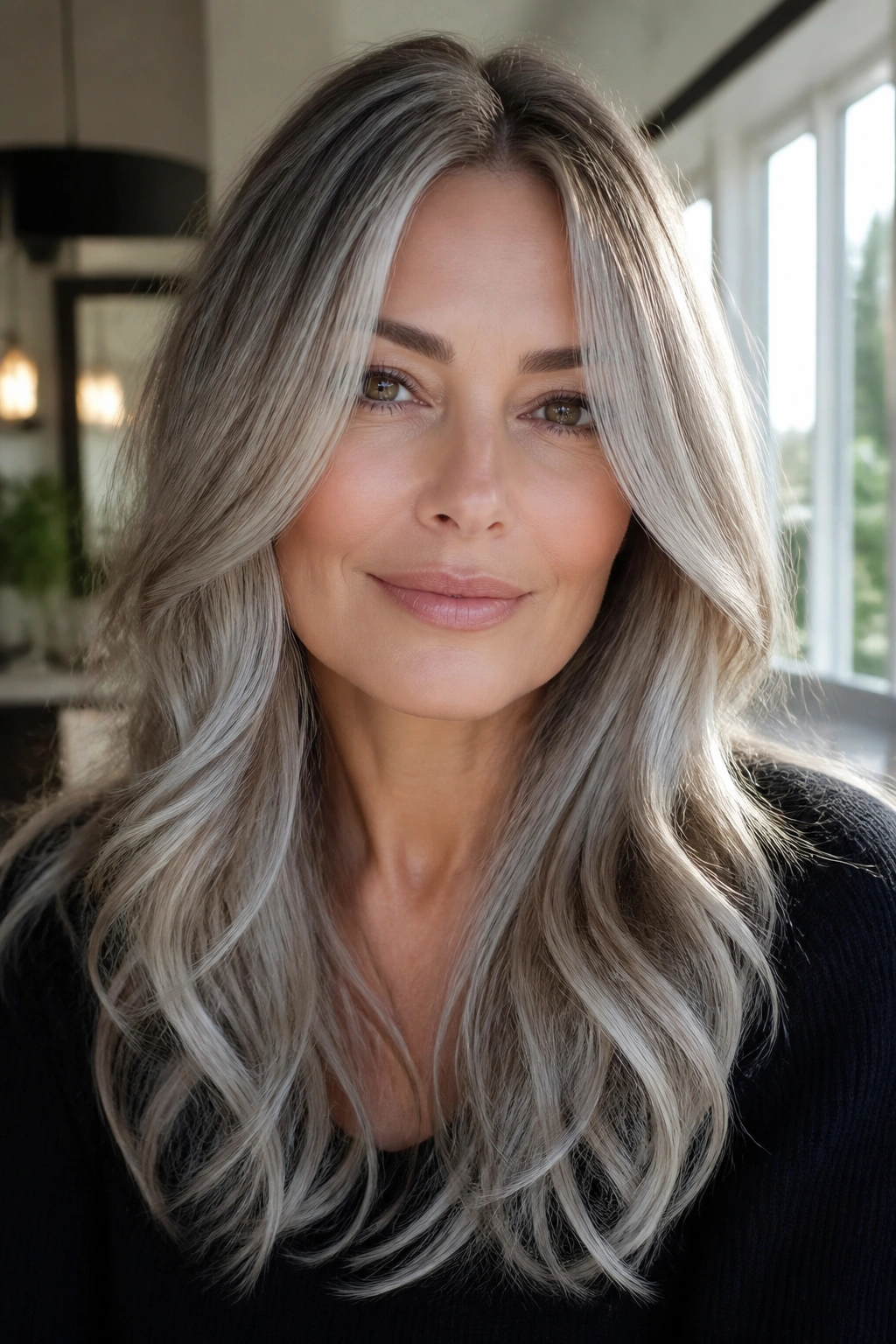 Real woman with a soft silver blend and long layers