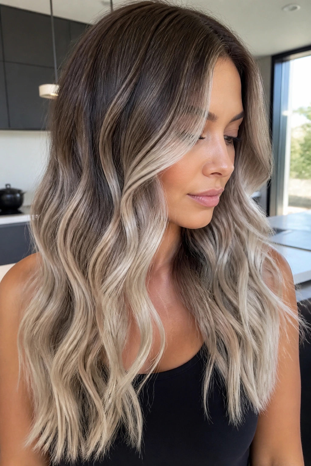 Soft silver mist ombre on wavy hair with beige-to-silver transition