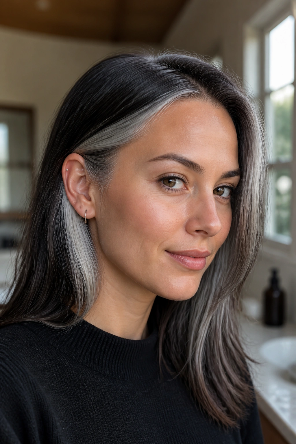 Close-up of a real person with soft silver panels tucked behind the ear.